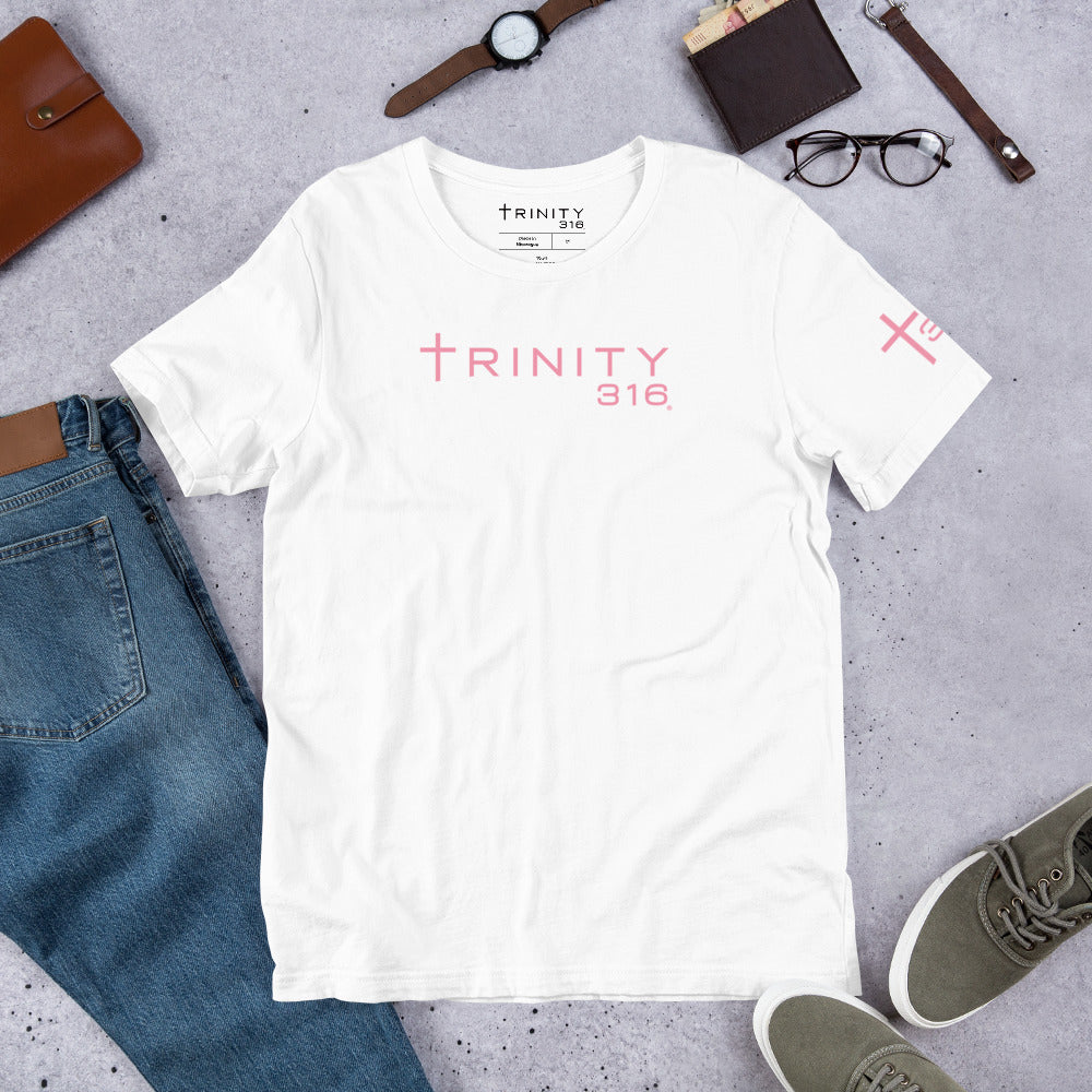 A unisex staple white t-shirt featuring the word Trinity t316 displayed prominently, paired with stylish shoes.