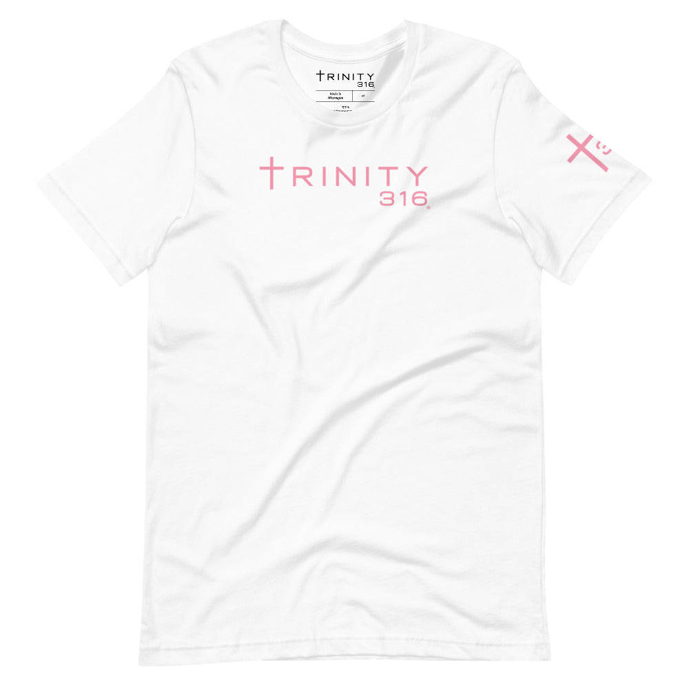 A unisex staple t-shirt in white featuring the word Trinity 316 prominently displayed on the front.