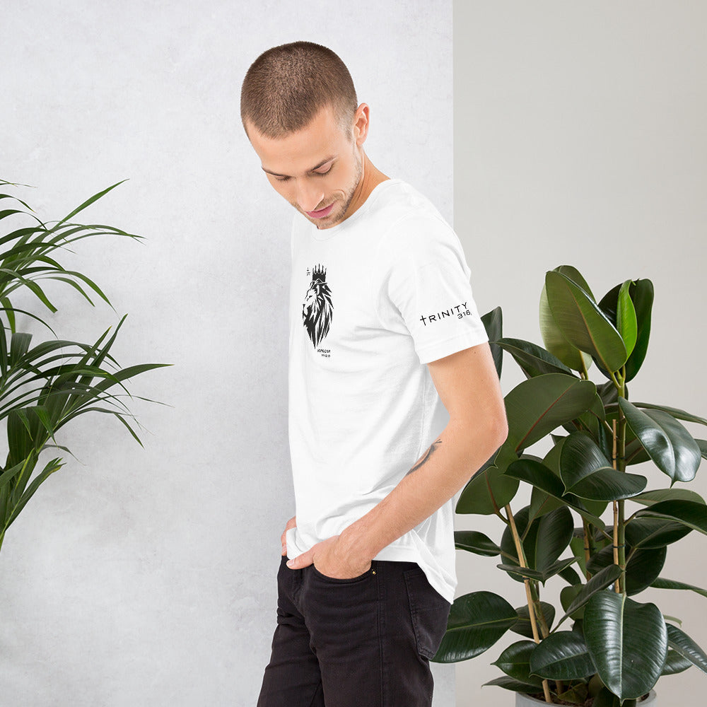 A man in a white t-shirt featuring a black and white lion graphic, standing confidently to the left.