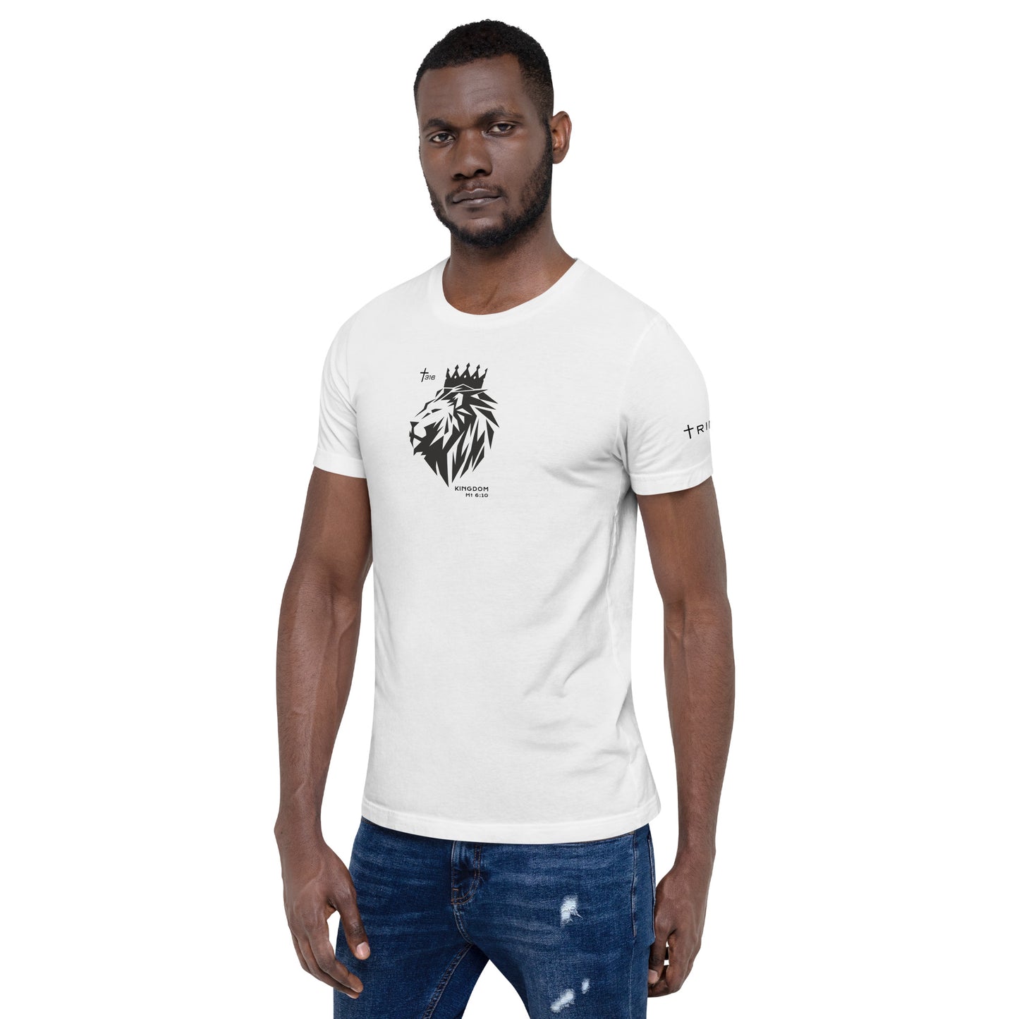 A white unisex staple t-shirt featuring a design inspired by The Lion King, displayed from the left front view.