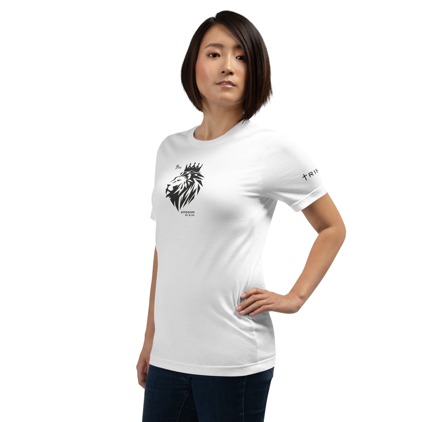 Woman wearing a white t-shirt with a lion graphic, shown from the left front perspective.