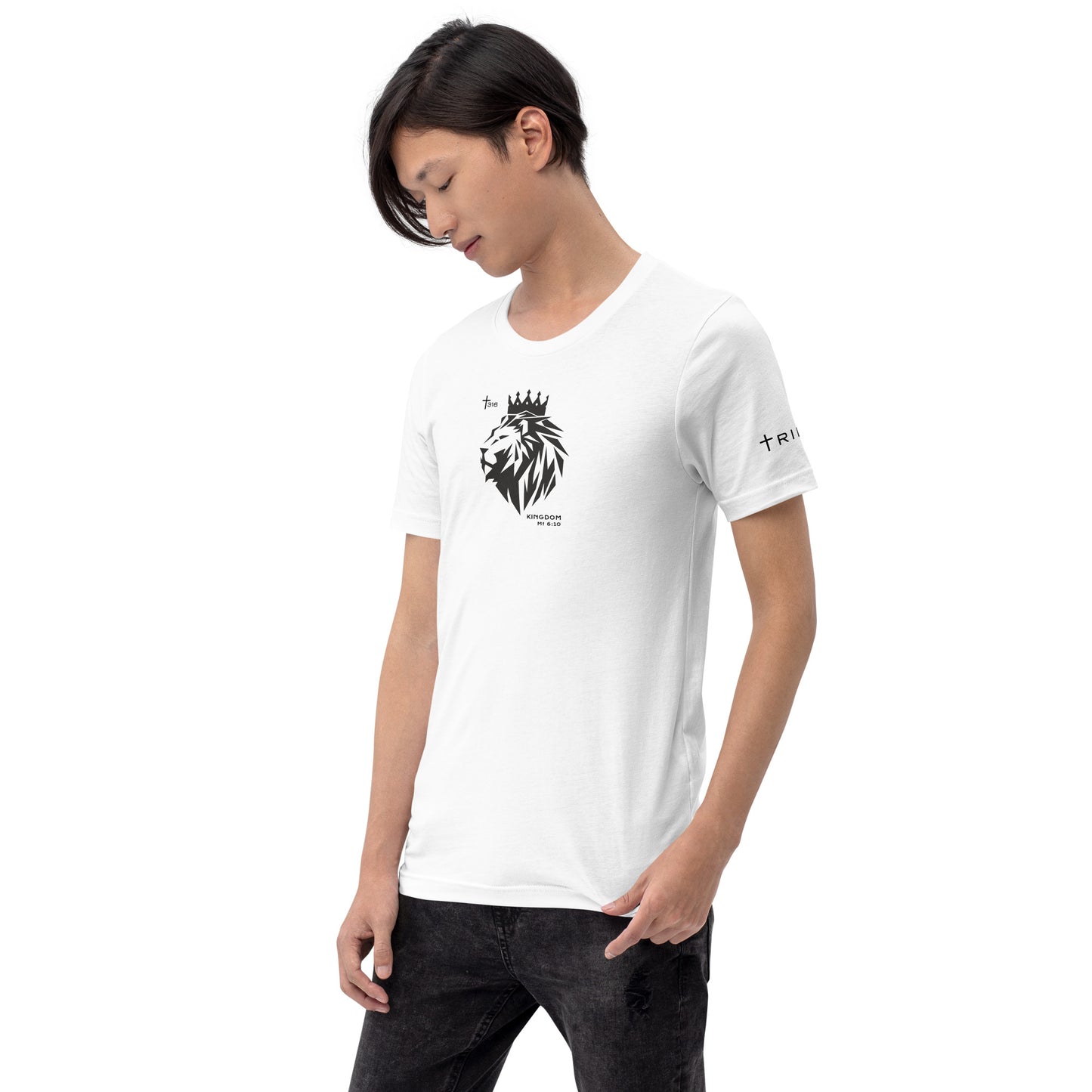 Left front view of a white unisex short-sleeve t-shirt showcasing a Lion King design, perfect for casual wear.