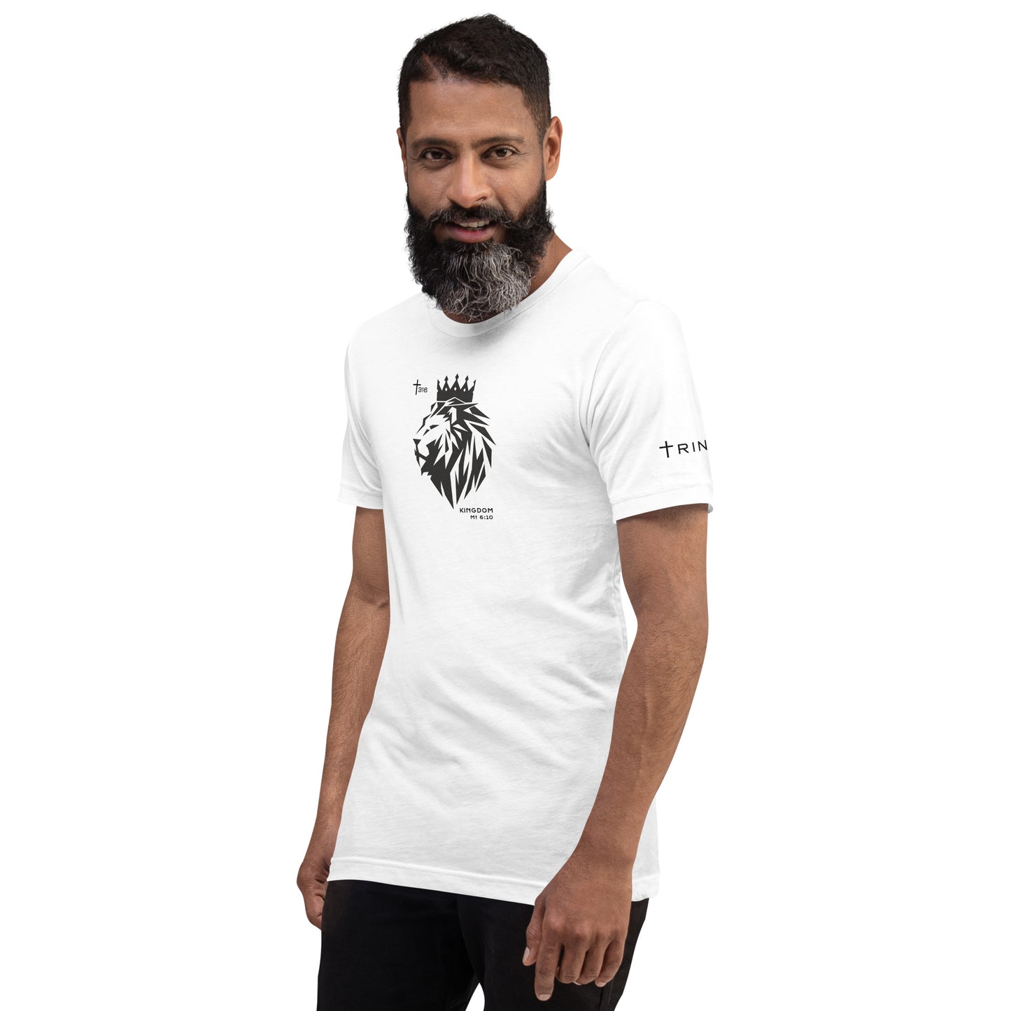 A bearded man in a white t-shirt featuring a black and white zebra design, viewed from the left front angle.