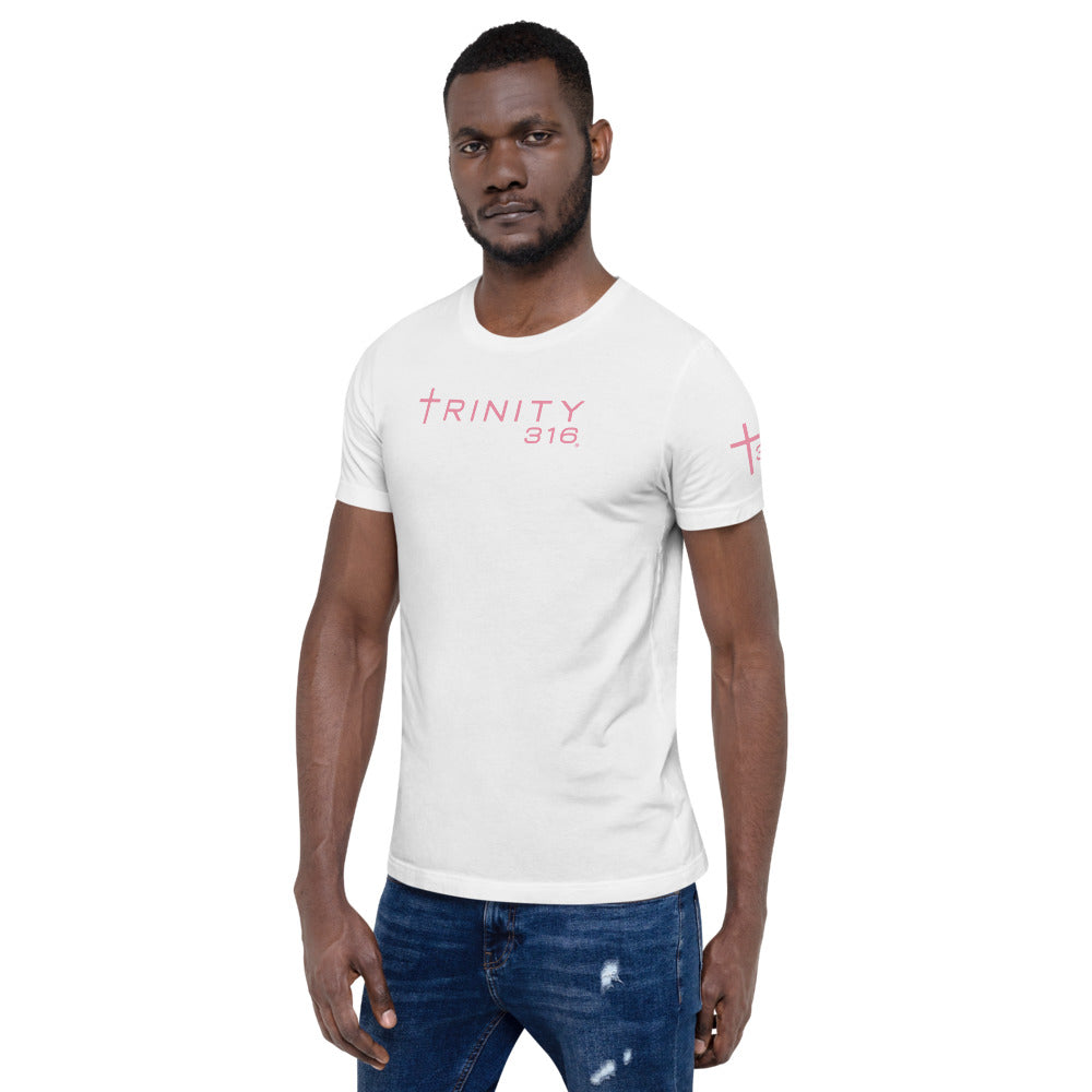 A man in a hoodie and jeans poses confidently, showcasing a unisex staple t-shirt in white from the left front view.