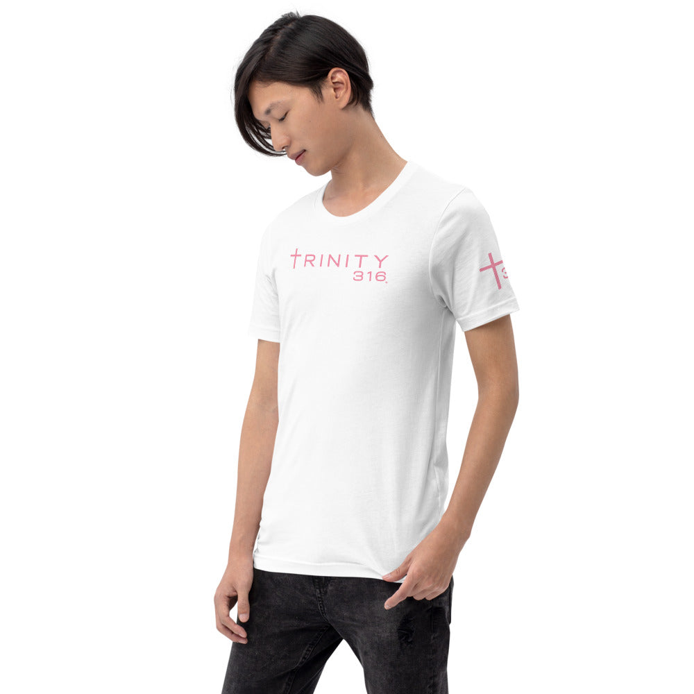 A man wearing a white unisex staple t-shirt with "t316" printed in pink, showcasing a casual and uplifting style.