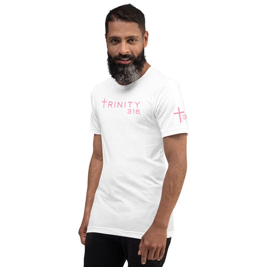 A bearded man in a white unisex staple t-shirt featuring the word Trinity 316 in pink, posed from the left front view.