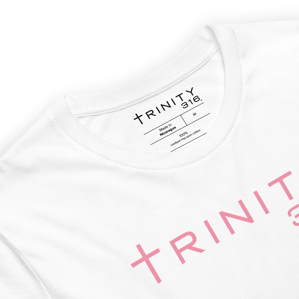A unisex staple white t-shirt featuring the word Trinity 316 prominently displayed on the front.