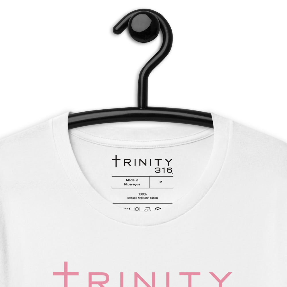 A unisex staple white t-shirt featuring the word trinity t316 prominently displayed on the front.