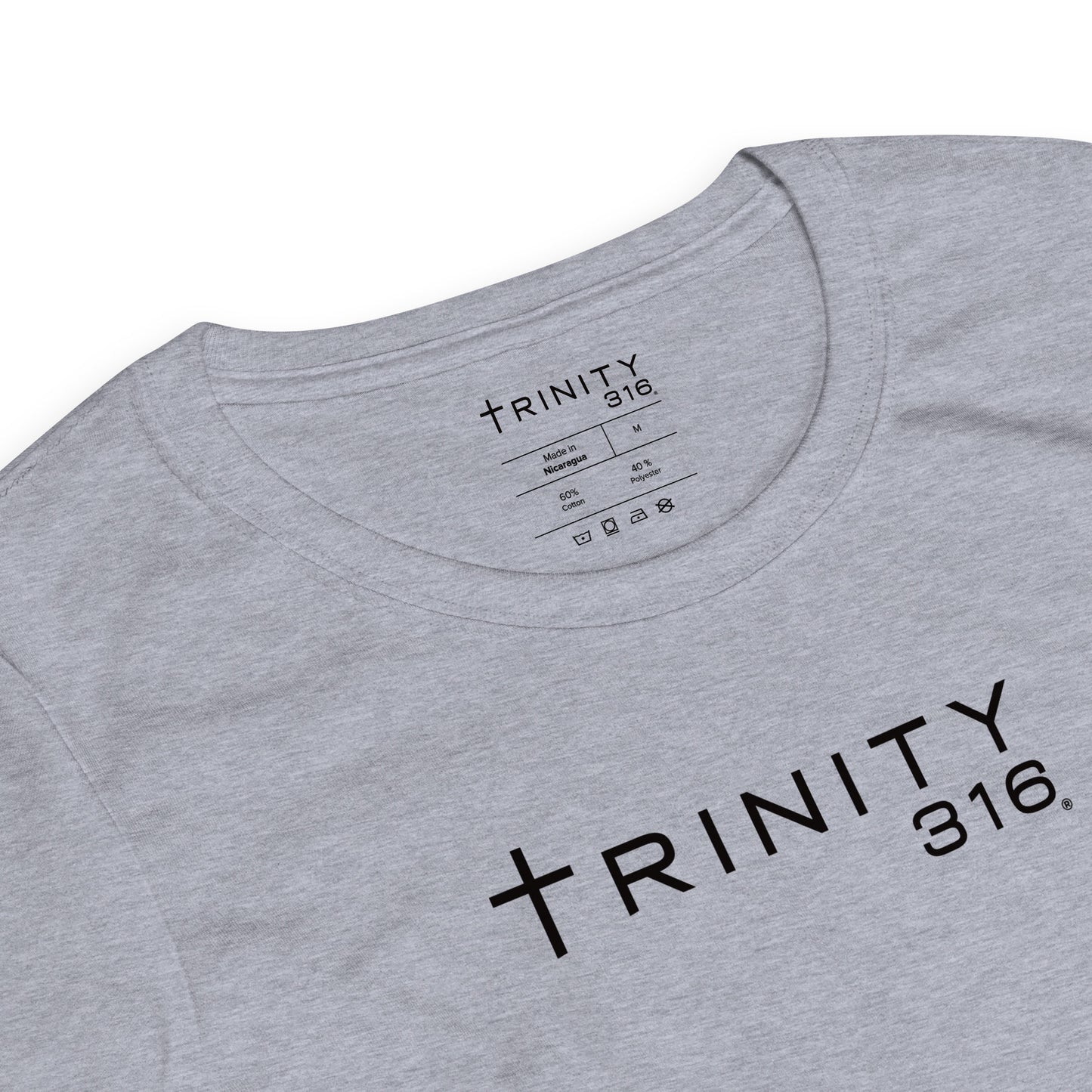 A stylish women's fitted t-shirt in heather gray, emblazoned with the word "Trinity" across the chest.