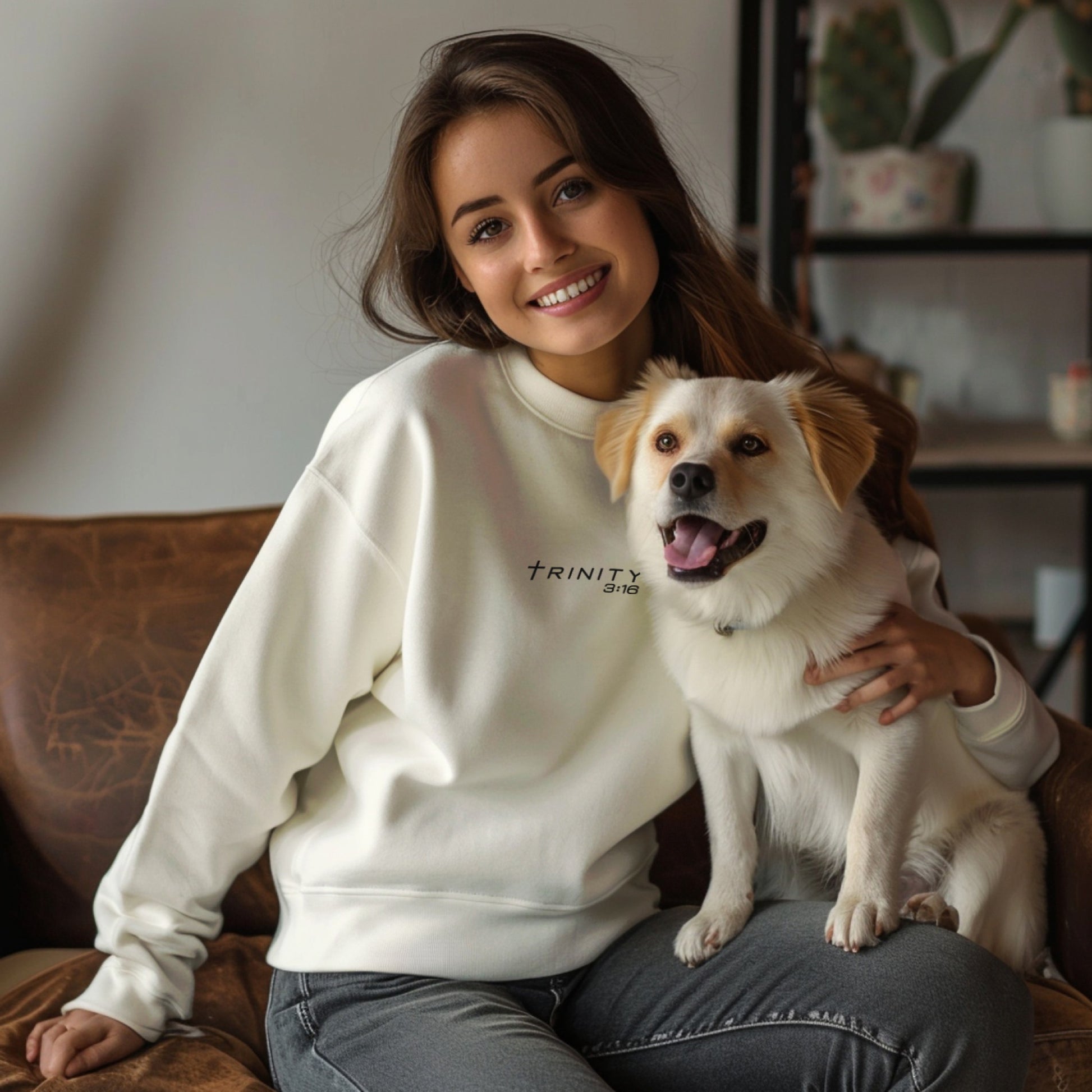 T316 Logo Christian crewneck in white— Trinity 3:16 faith apparel