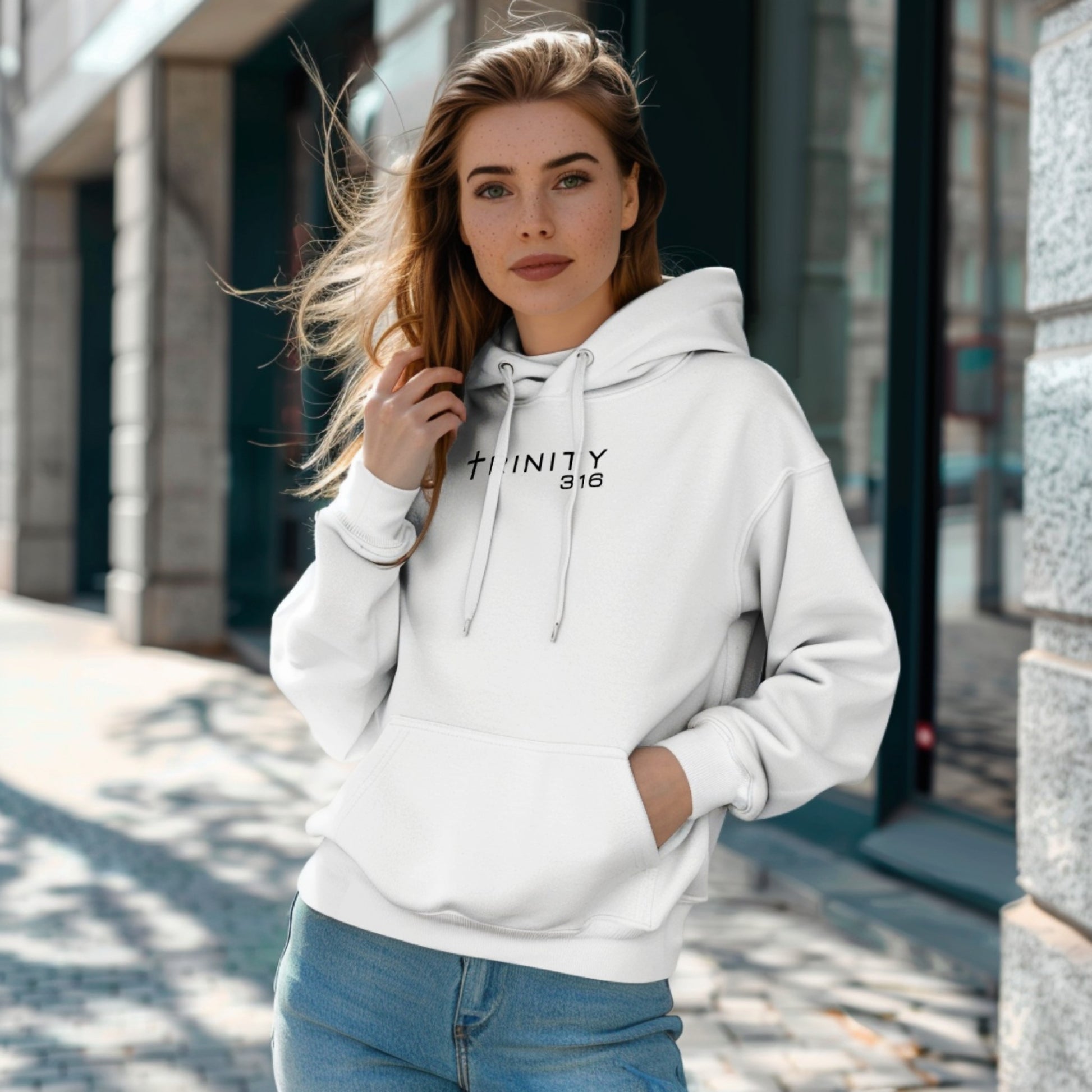 rinity 3:16 Logo Christian womens hoodie in white— Trinity 3:16 faith apparel