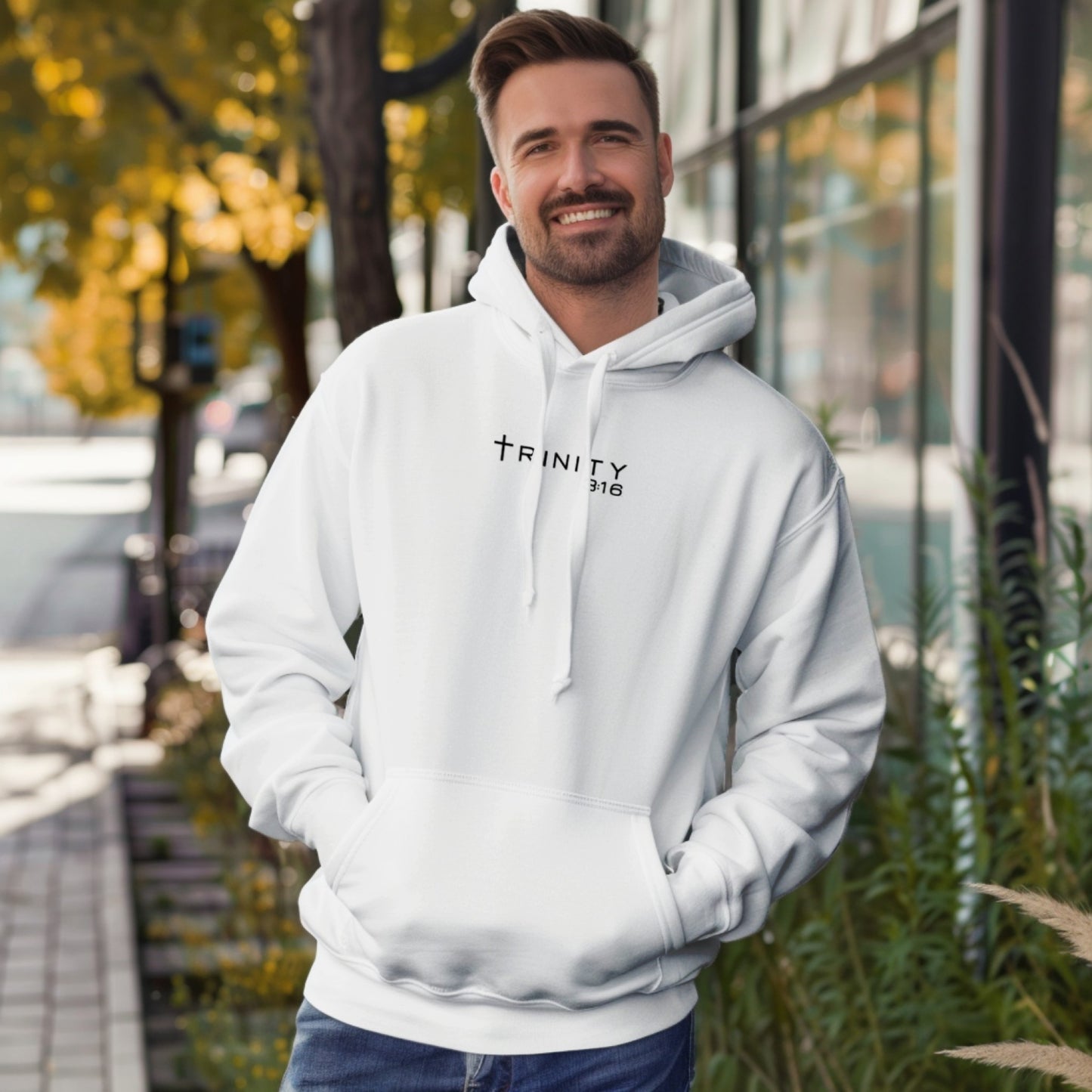 T316 Logo Christian hoodie in white — Trinity 3:16 faith apparel