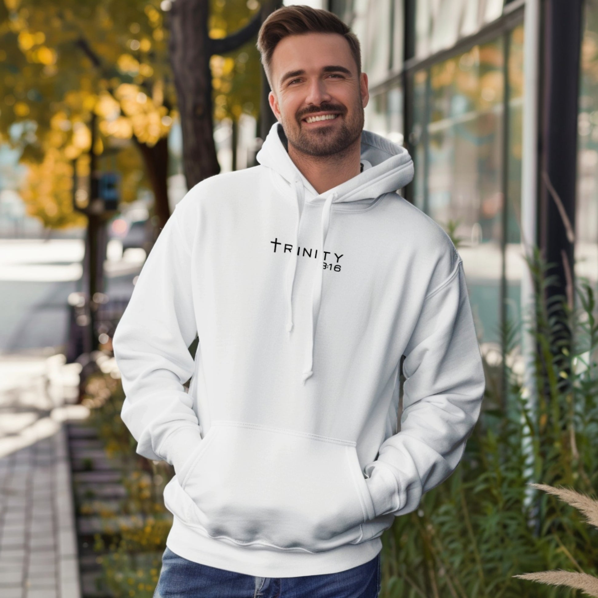 T316 Logo Christian hoodie in white — Trinity 3:16 faith apparel