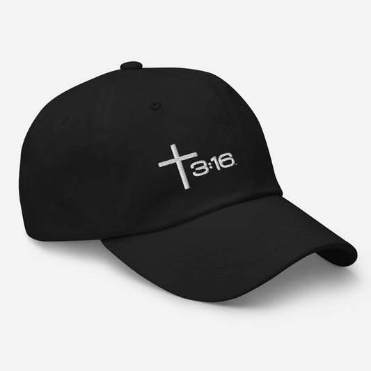 T316 Icon embroidered Christian dad hat in black— Trinity 3:16 faith apparel

That completes the Dad Hat pair — Black thread and White thread. Ready for the Trucker Hat next, or wherever you'd like to go.