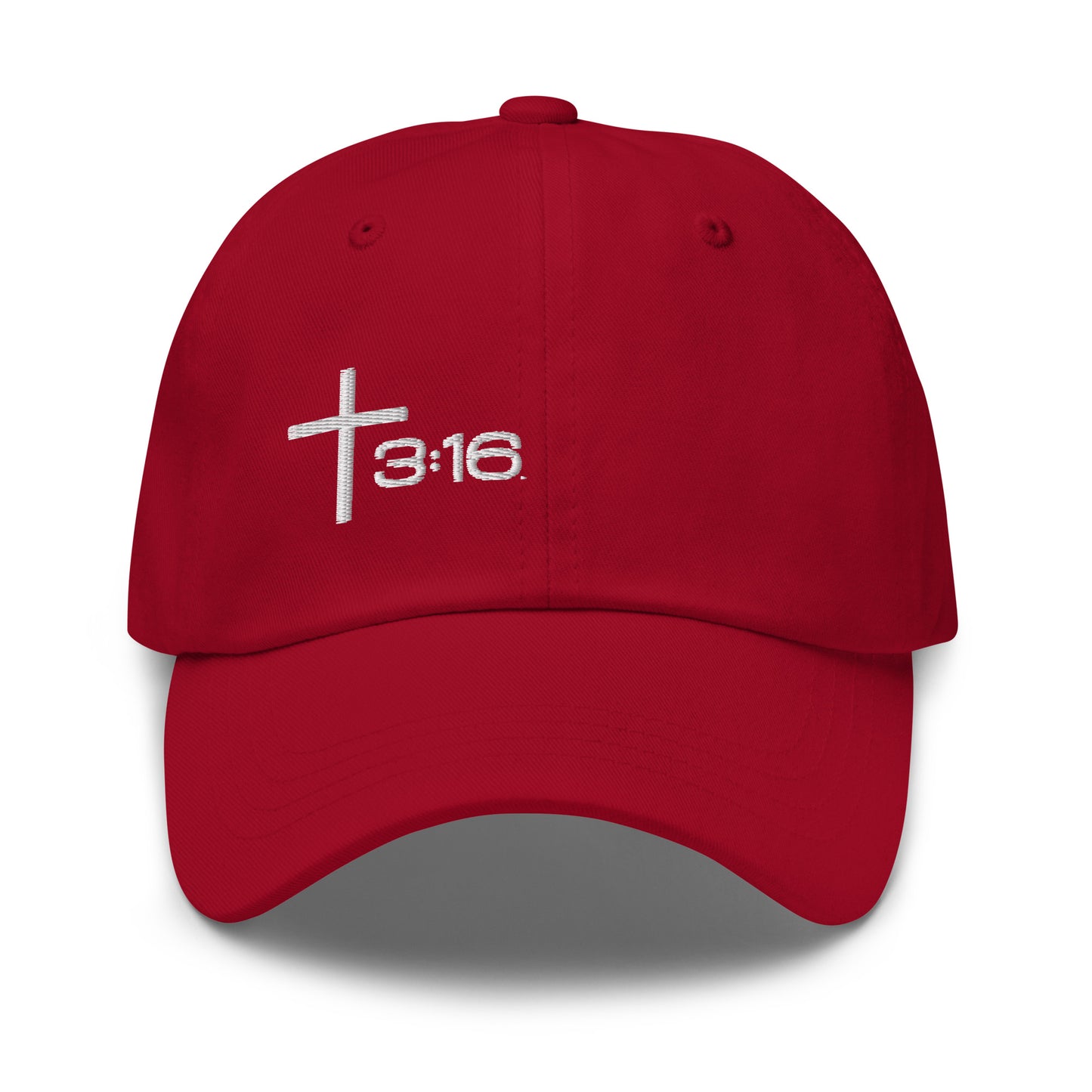 T316 Icon embroidered Christian dad hat in cranberry— Trinity 3:16 faith apparel

That completes the Dad Hat pair — Black thread and White thread. Ready for the Trucker Hat next, or wherever you'd like to go.