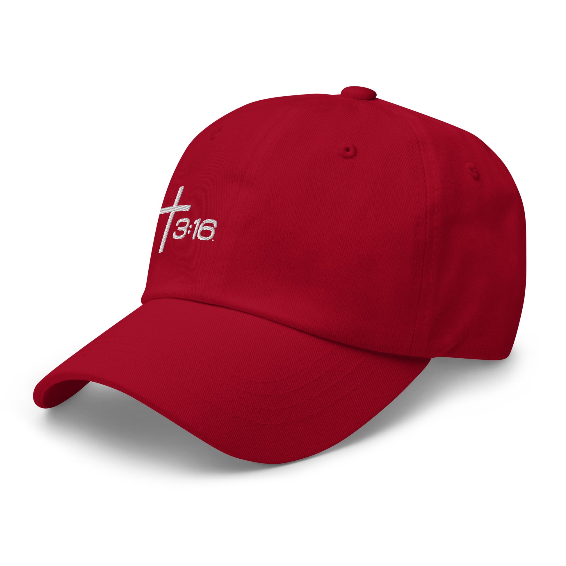 T316 Icon embroidered Christian dad hat in cranberry— Trinity 3:16 faith apparel

That completes the Dad Hat pair — Black thread and White thread. Ready for the Trucker Hat next, or wherever you'd like to go.