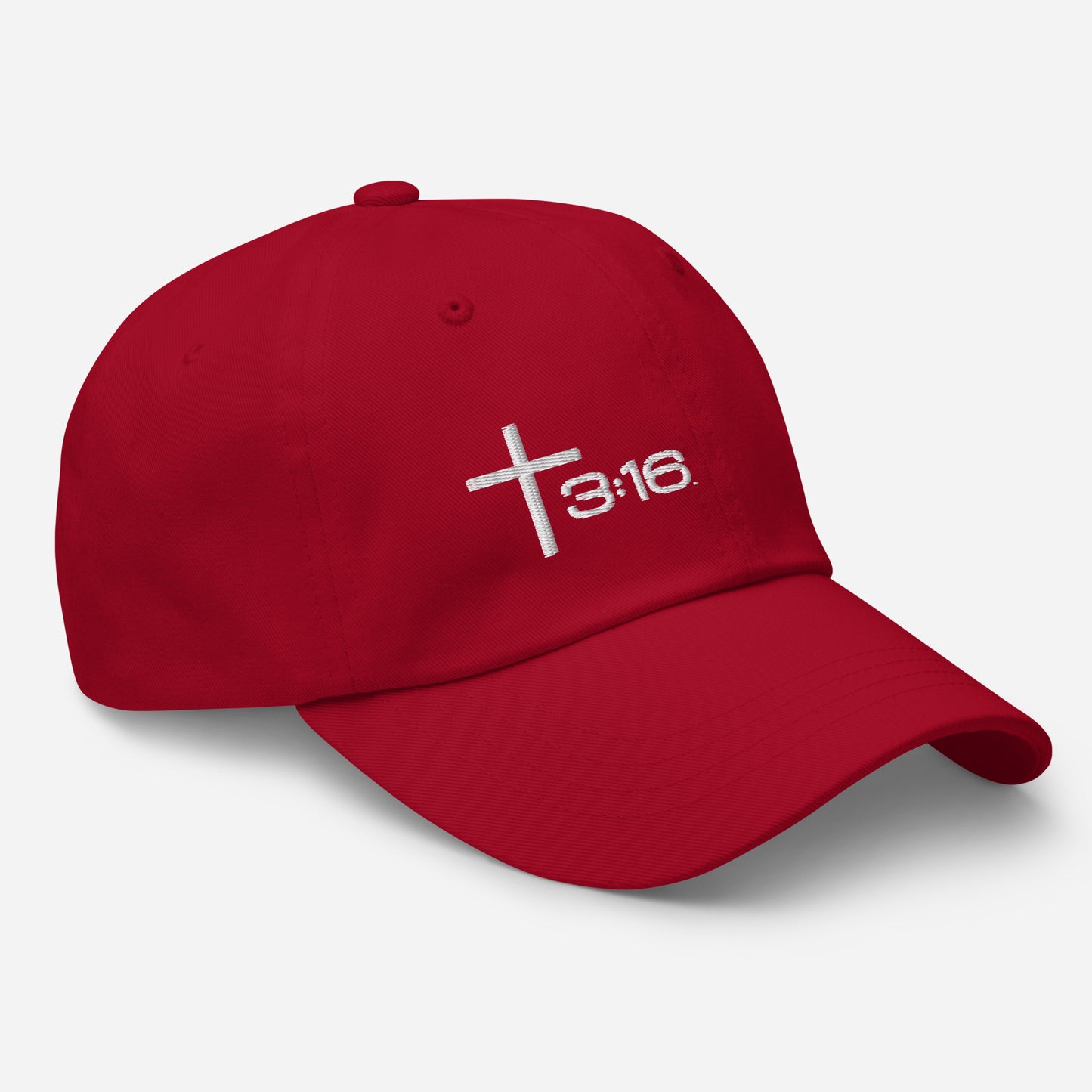 T316 Icon embroidered Christian dad hat in cranberry— Trinity 3:16 faith apparel

That completes the Dad Hat pair — Black thread and White thread. Ready for the Trucker Hat next, or wherever you'd like to go.