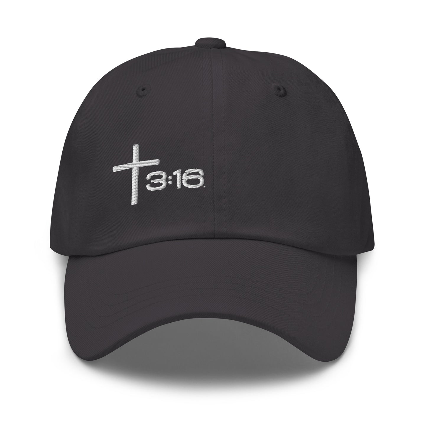 T316 Icon embroidered Christian dad hat in dark grey— Trinity 3:16 faith apparel

That completes the Dad Hat pair — Black thread and White thread. Ready for the Trucker Hat next, or wherever you'd like to go.
