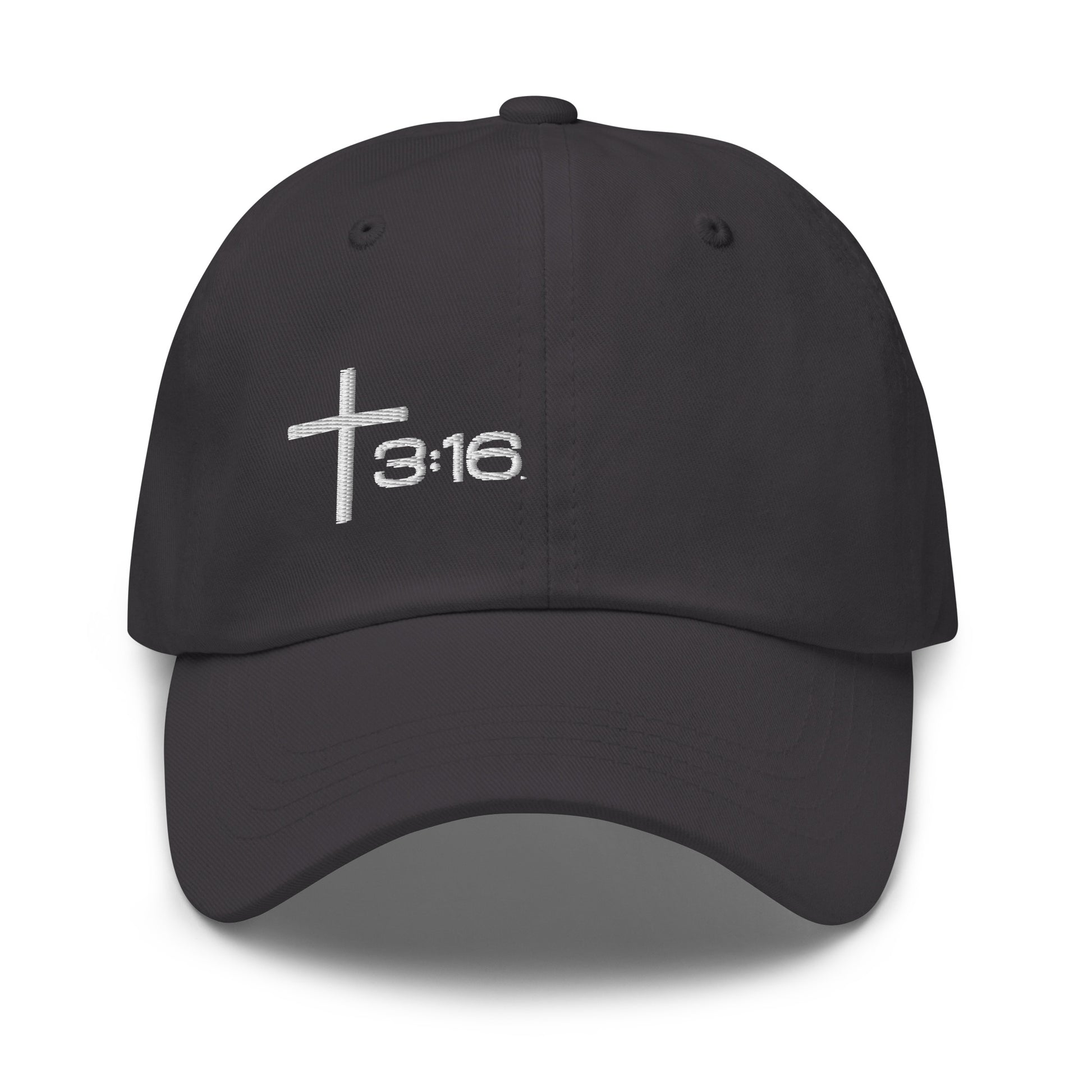 T316 Icon embroidered Christian dad hat in dark grey— Trinity 3:16 faith apparel

That completes the Dad Hat pair — Black thread and White thread. Ready for the Trucker Hat next, or wherever you'd like to go.