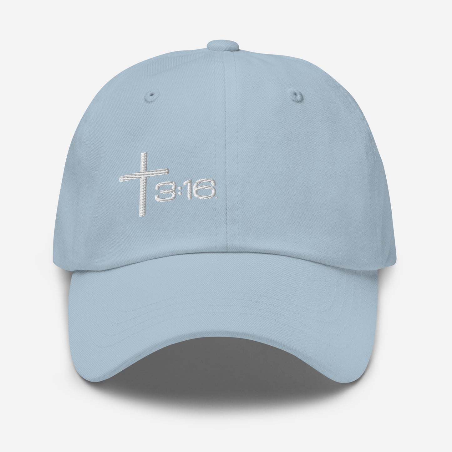 T316 Icon embroidered Christian dad hat in light blue— Trinity 3:16 faith apparel

That completes the Dad Hat pair — Black thread and White thread. Ready for the Trucker Hat next, or wherever you'd like to go.