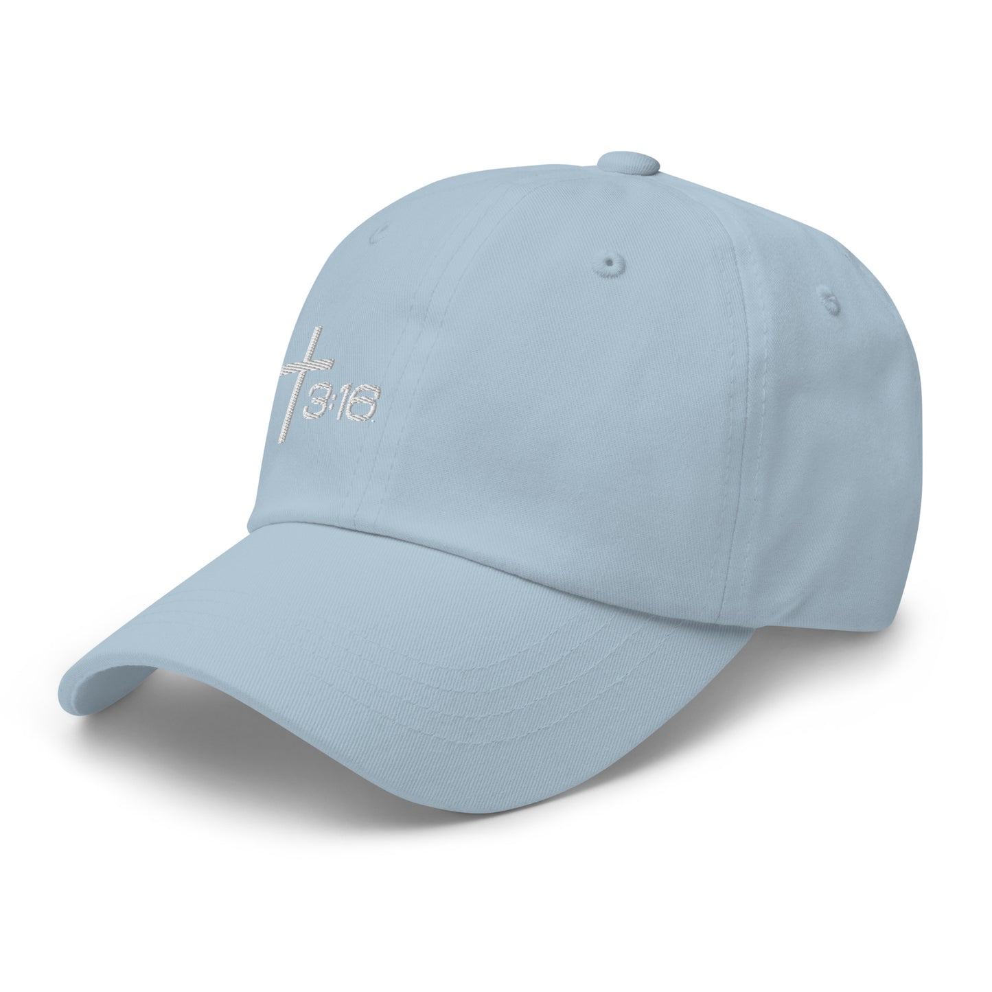 T316 Icon embroidered Christian dad hat in light blue— Trinity 3:16 faith apparel

That completes the Dad Hat pair — Black thread and White thread. Ready for the Trucker Hat next, or wherever you'd like to go.