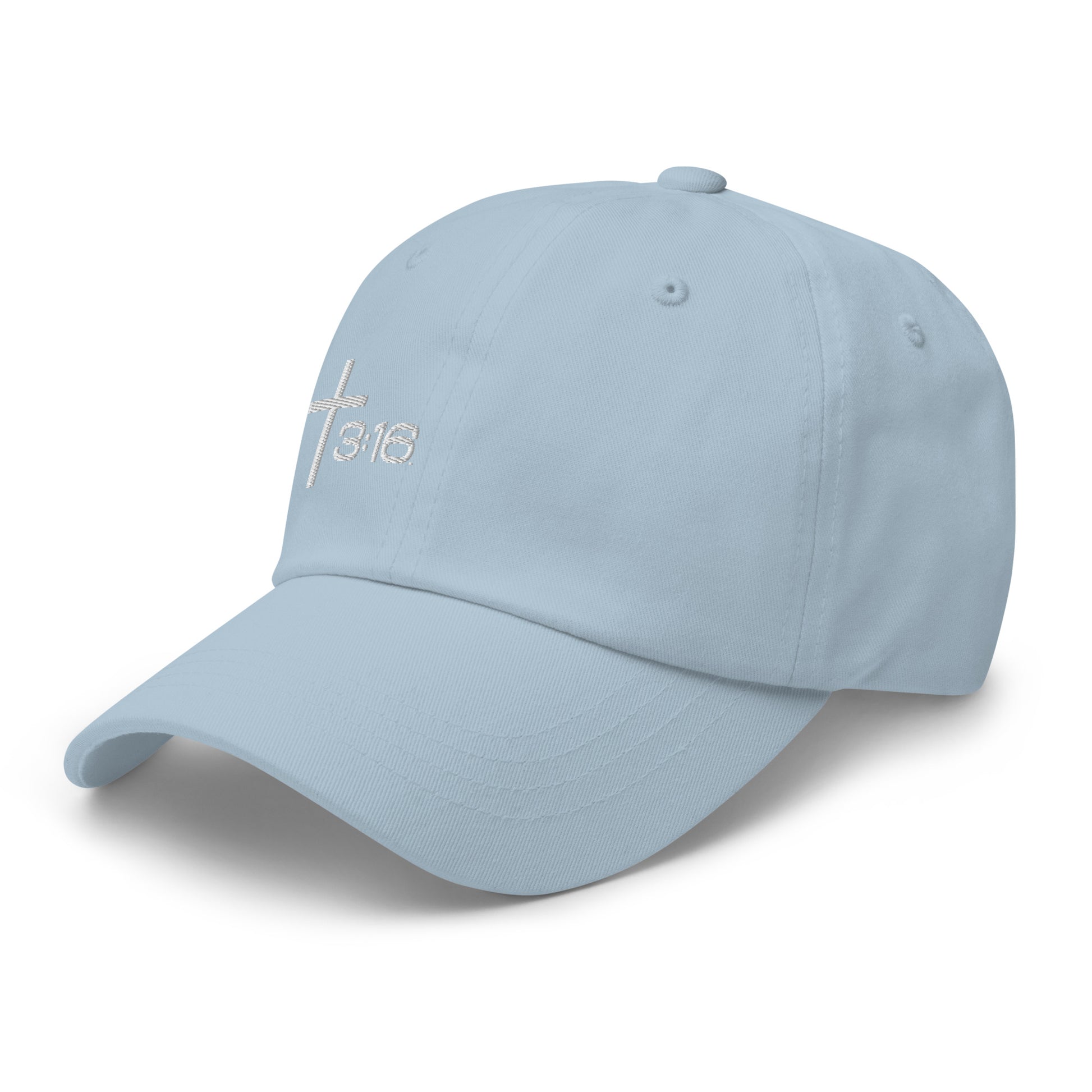 T316 Icon embroidered Christian dad hat in light blue— Trinity 3:16 faith apparel

That completes the Dad Hat pair — Black thread and White thread. Ready for the Trucker Hat next, or wherever you'd like to go.