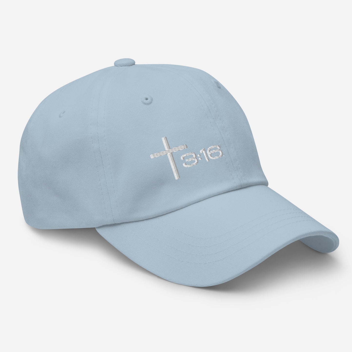 T316 Icon embroidered Christian dad hat in light blue— Trinity 3:16 faith apparel

That completes the Dad Hat pair — Black thread and White thread. Ready for the Trucker Hat next, or wherever you'd like to go.