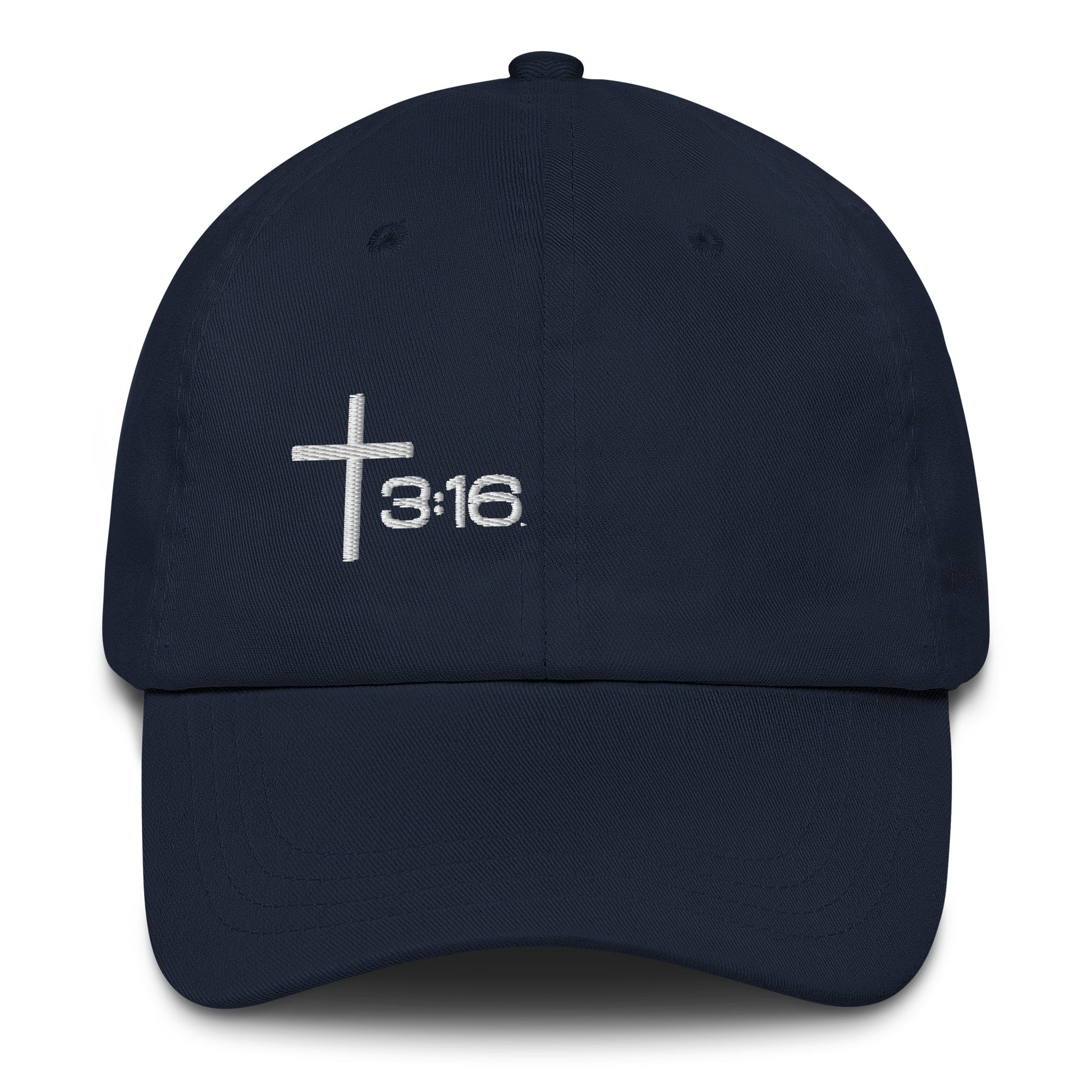 T316 Icon embroidered Christian dad hat in navy— Trinity 3:16 faith apparel

That completes the Dad Hat pair — Black thread and White thread. Ready for the Trucker Hat next, or wherever you'd like to go.