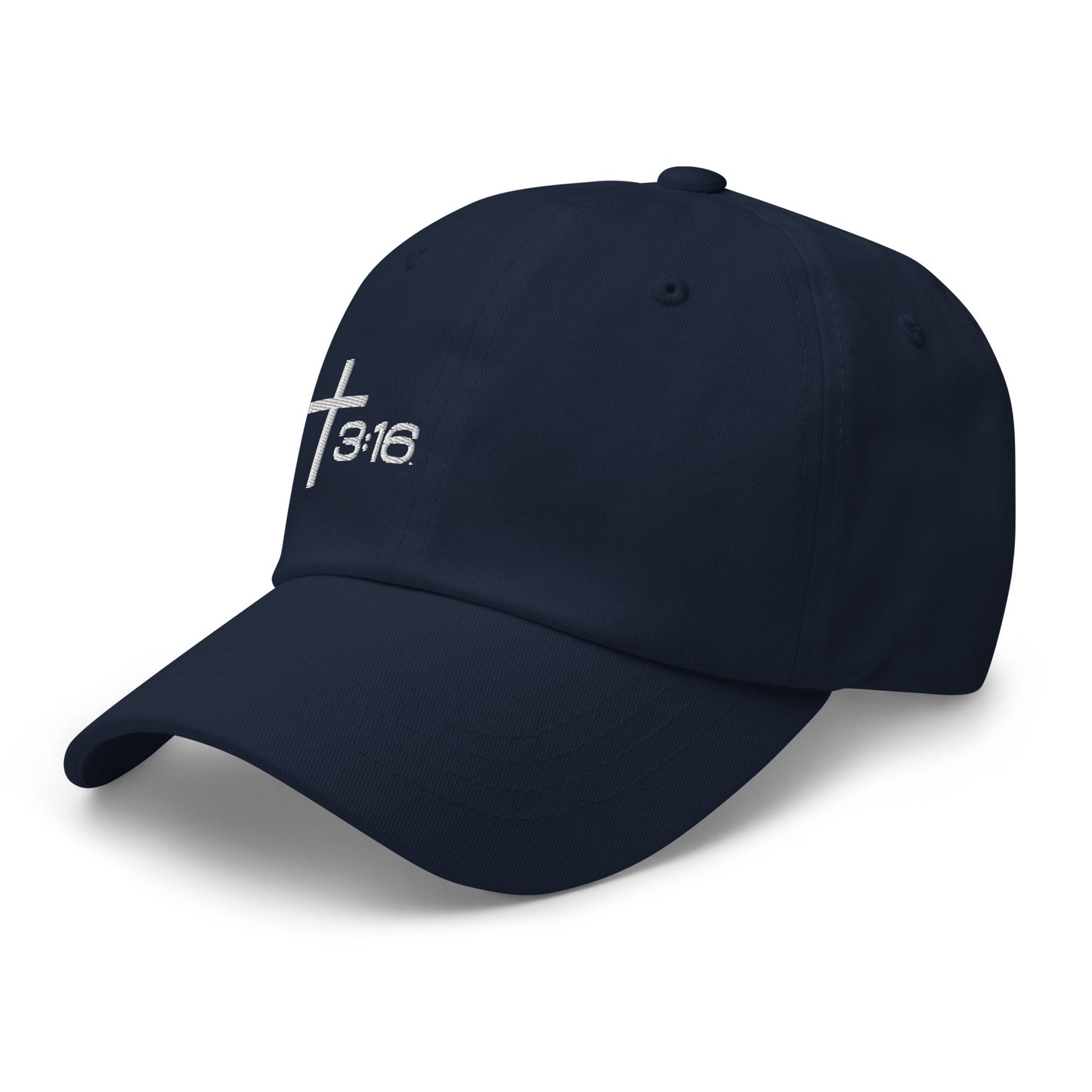 T316 Icon embroidered Christian dad hat in navy— Trinity 3:16 faith apparel

That completes the Dad Hat pair — Black thread and White thread. Ready for the Trucker Hat next, or wherever you'd like to go.