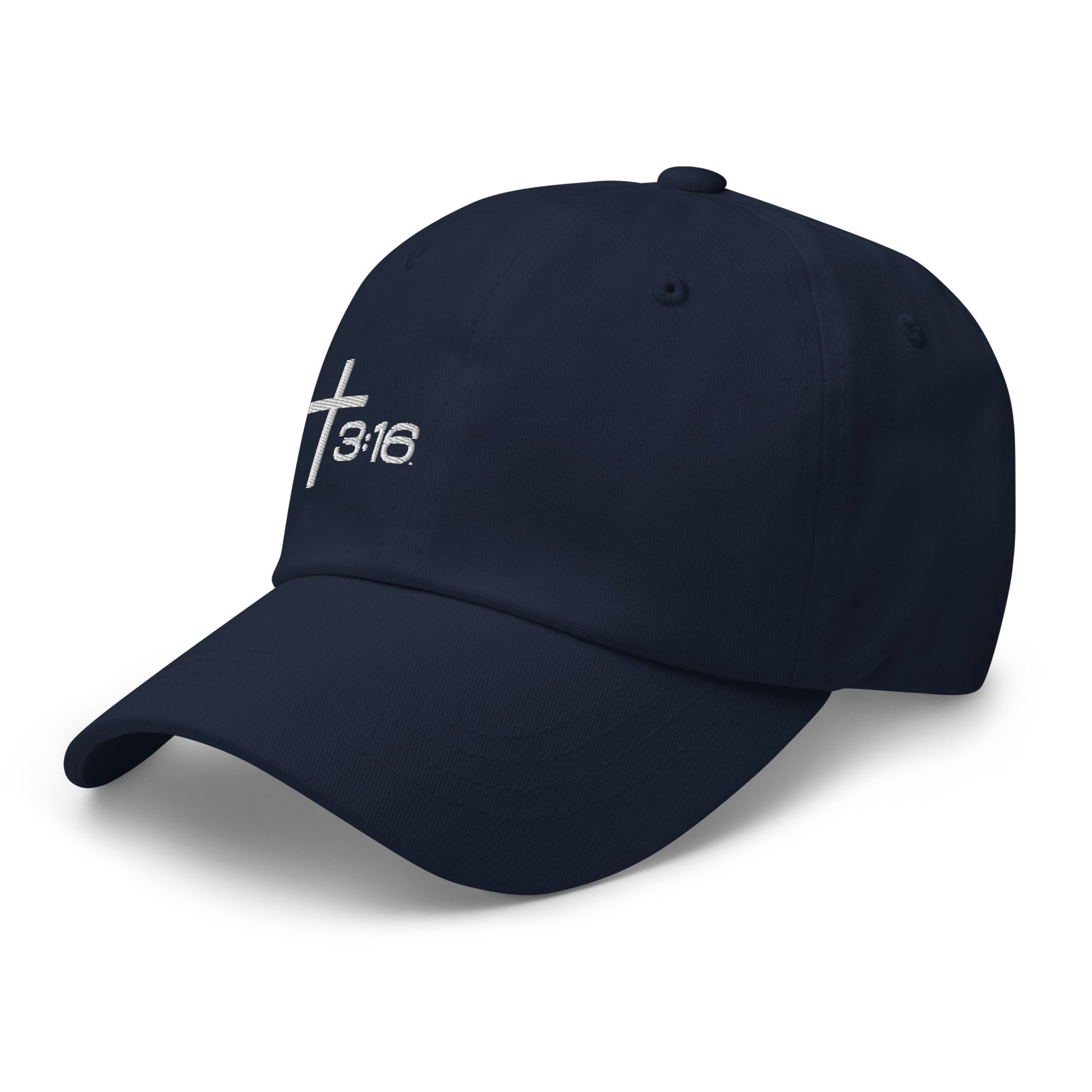 T316 Icon embroidered Christian dad hat in navy— Trinity 3:16 faith apparel

That completes the Dad Hat pair — Black thread and White thread. Ready for the Trucker Hat next, or wherever you'd like to go.