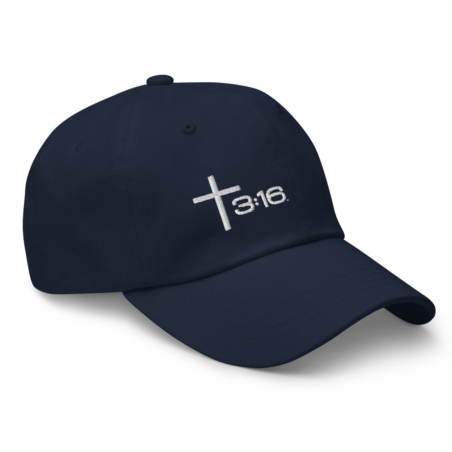 T316 Icon embroidered Christian dad hat in navy— Trinity 3:16 faith apparel

That completes the Dad Hat pair — Black thread and White thread. Ready for the Trucker Hat next, or wherever you'd like to go.