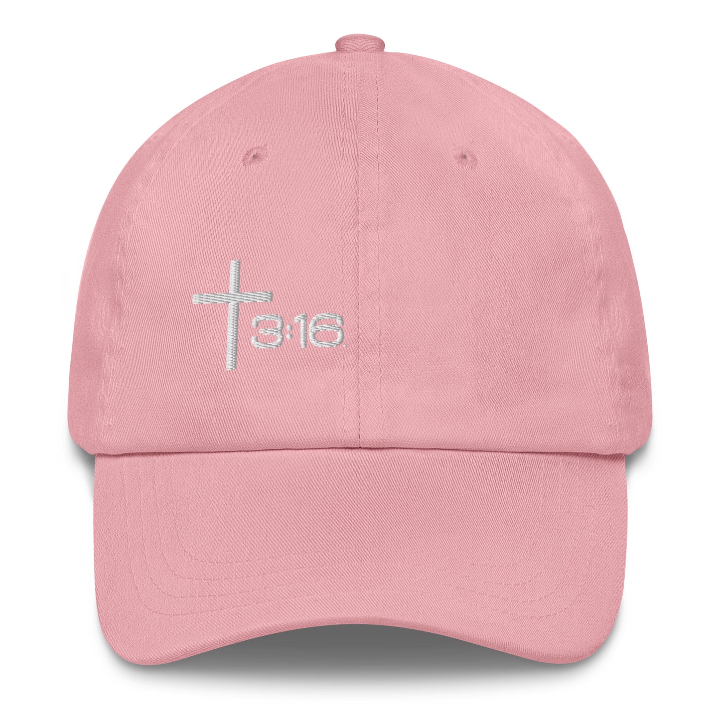 T316 Icon embroidered Christian dad hat in pink— Trinity 3:16 faith apparel

That completes the Dad Hat pair — Black thread and White thread. Ready for the Trucker Hat next, or wherever you'd like to go.