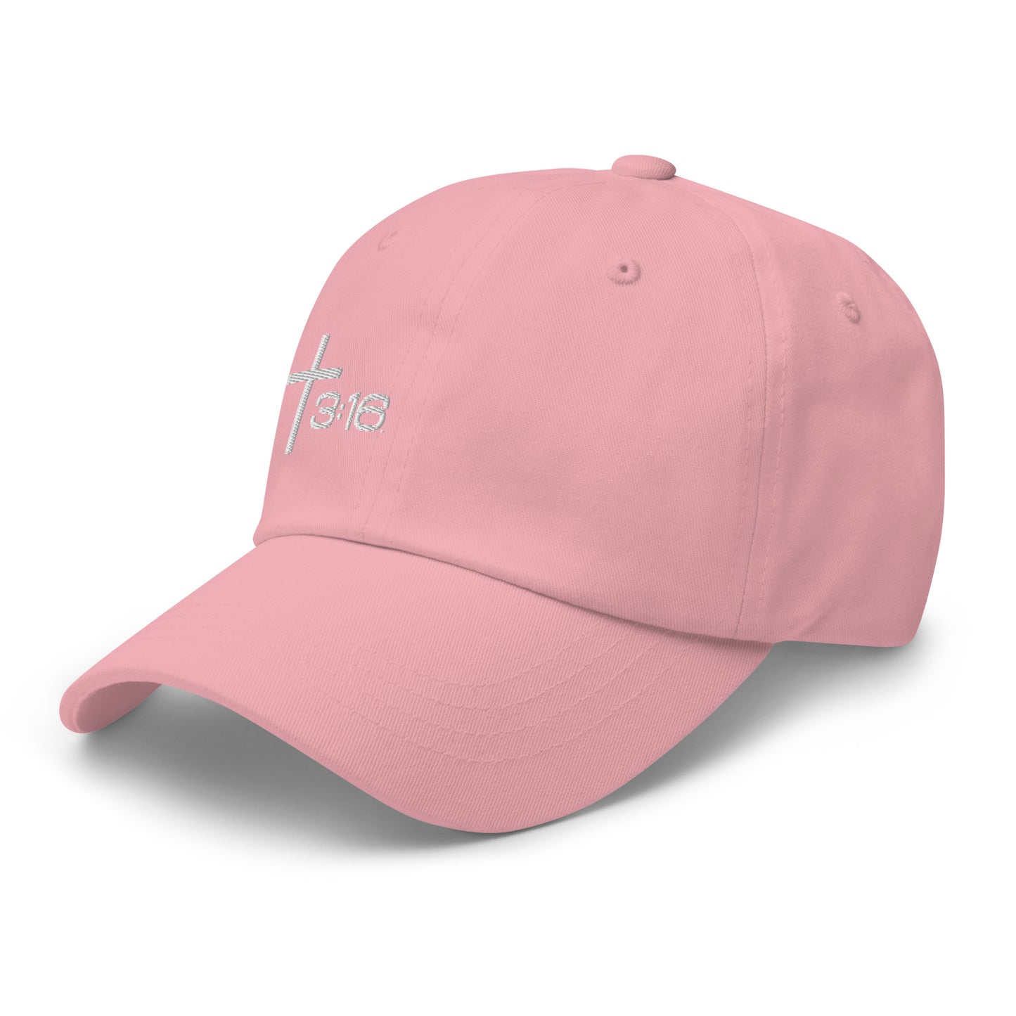 T316 Icon embroidered Christian dad hat in pink— Trinity 3:16 faith apparel

That completes the Dad Hat pair — Black thread and White thread. Ready for the Trucker Hat next, or wherever you'd like to go.