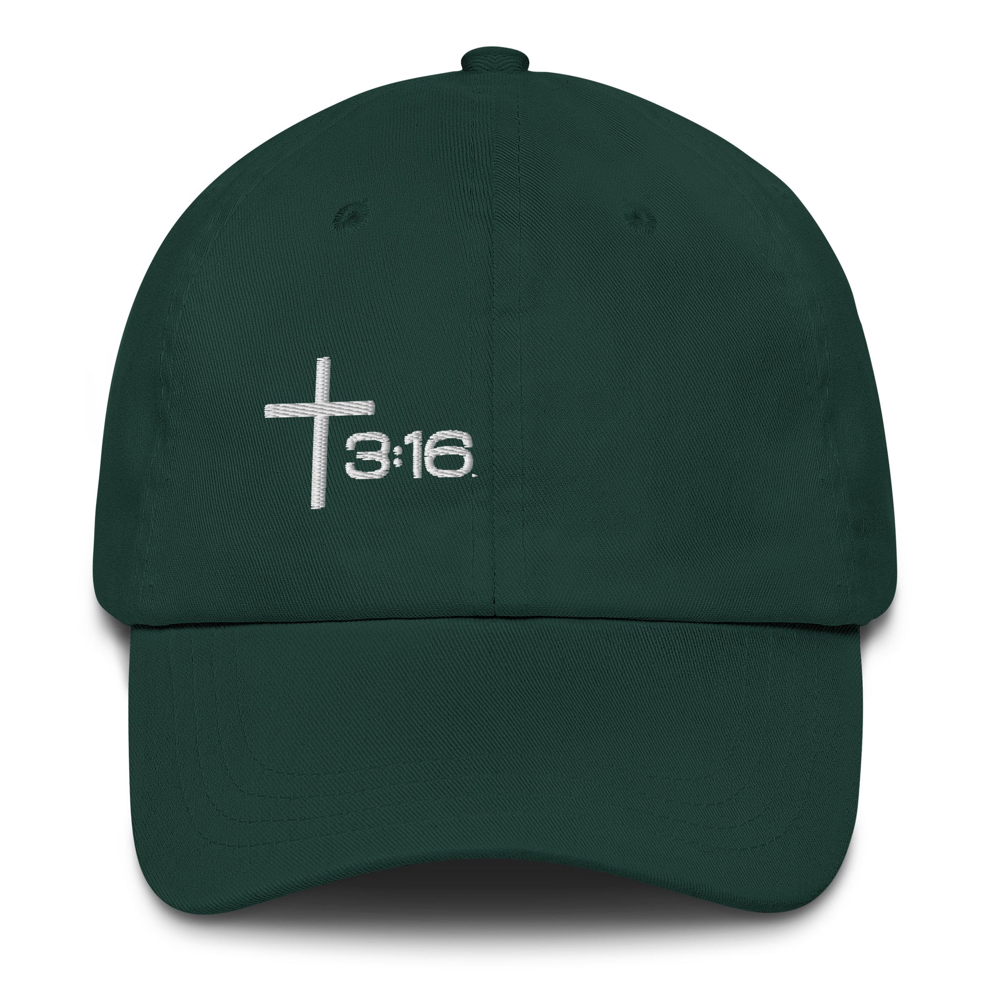 T316 Icon embroidered Christian dad hat in spruce— Trinity 3:16 faith apparel

That completes the Dad Hat pair — Black thread and White thread. Ready for the Trucker Hat next, or wherever you'd like to go.
