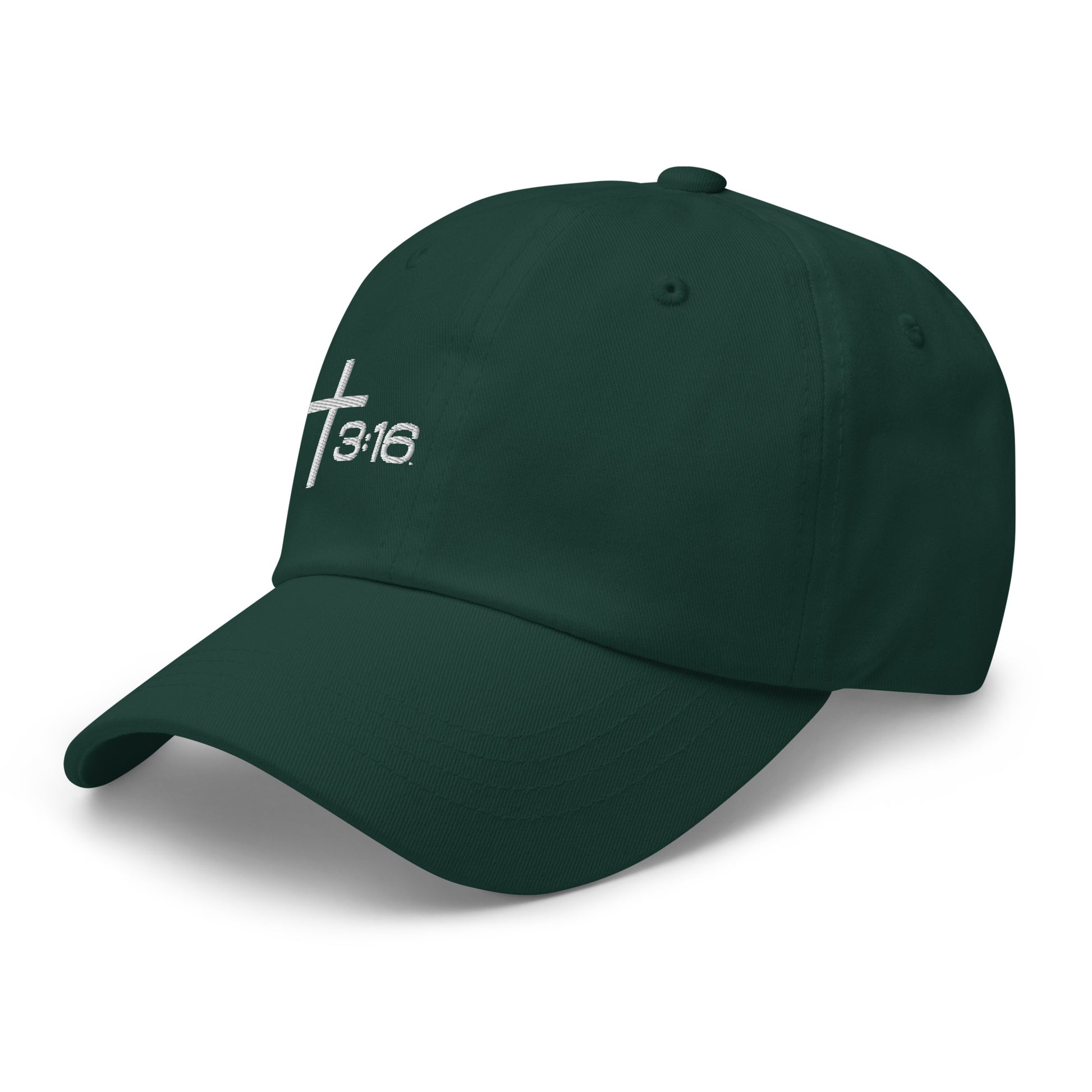 T316 Icon embroidered Christian dad hat in spruce— Trinity 3:16 faith apparel

That completes the Dad Hat pair — Black thread and White thread. Ready for the Trucker Hat next, or wherever you'd like to go.