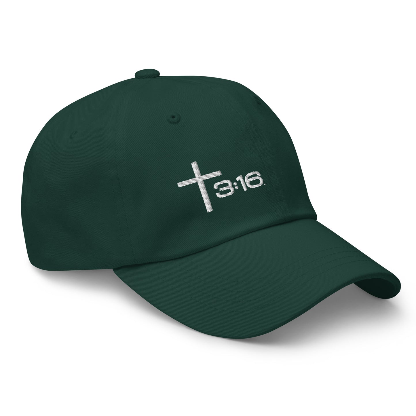 T316 Icon embroidered Christian dad hat in spruce— Trinity 3:16 faith apparel

That completes the Dad Hat pair — Black thread and White thread. Ready for the Trucker Hat next, or wherever you'd like to go.