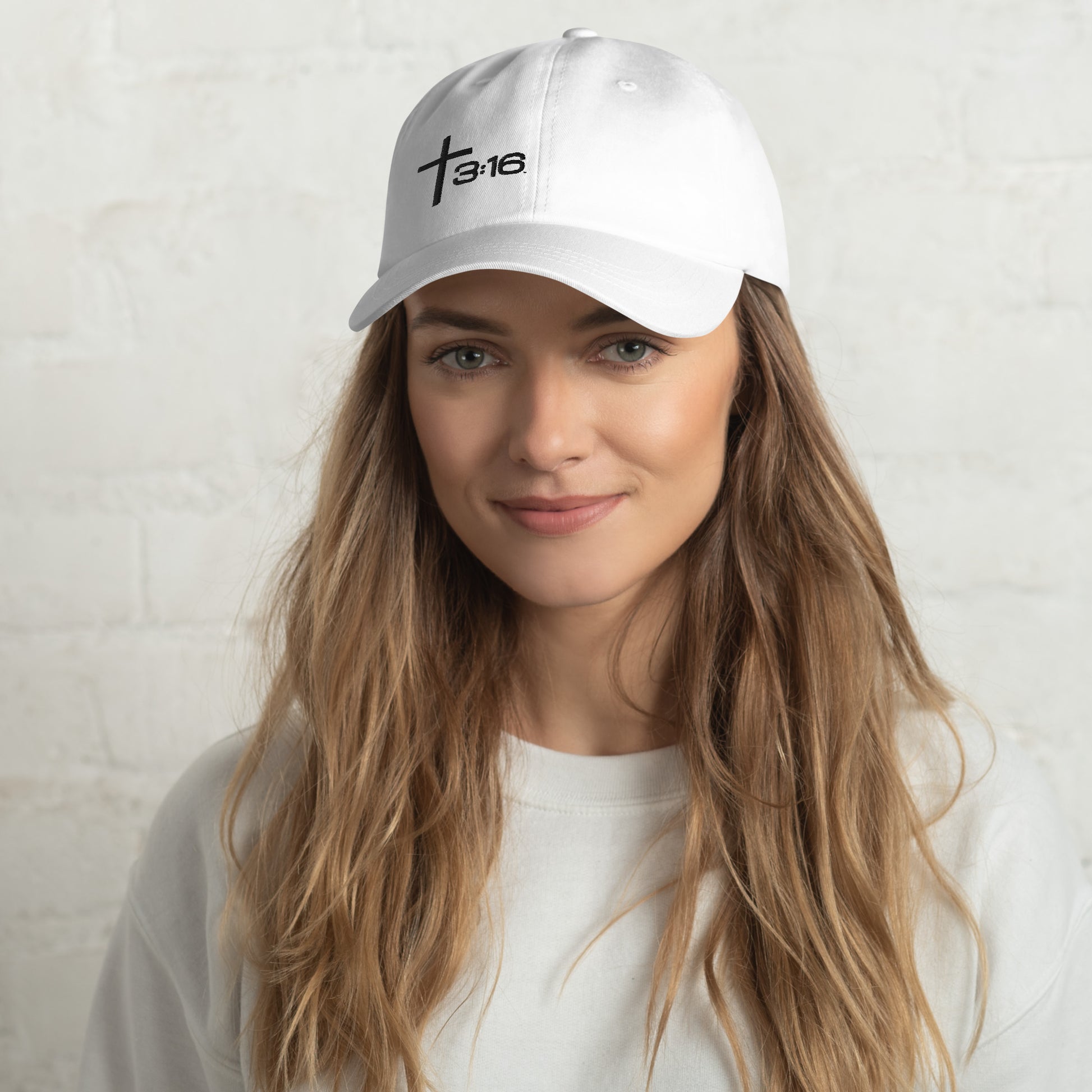 T316 Icon embroidered Christian dad hat in white— Trinity 3:16 faith apparel