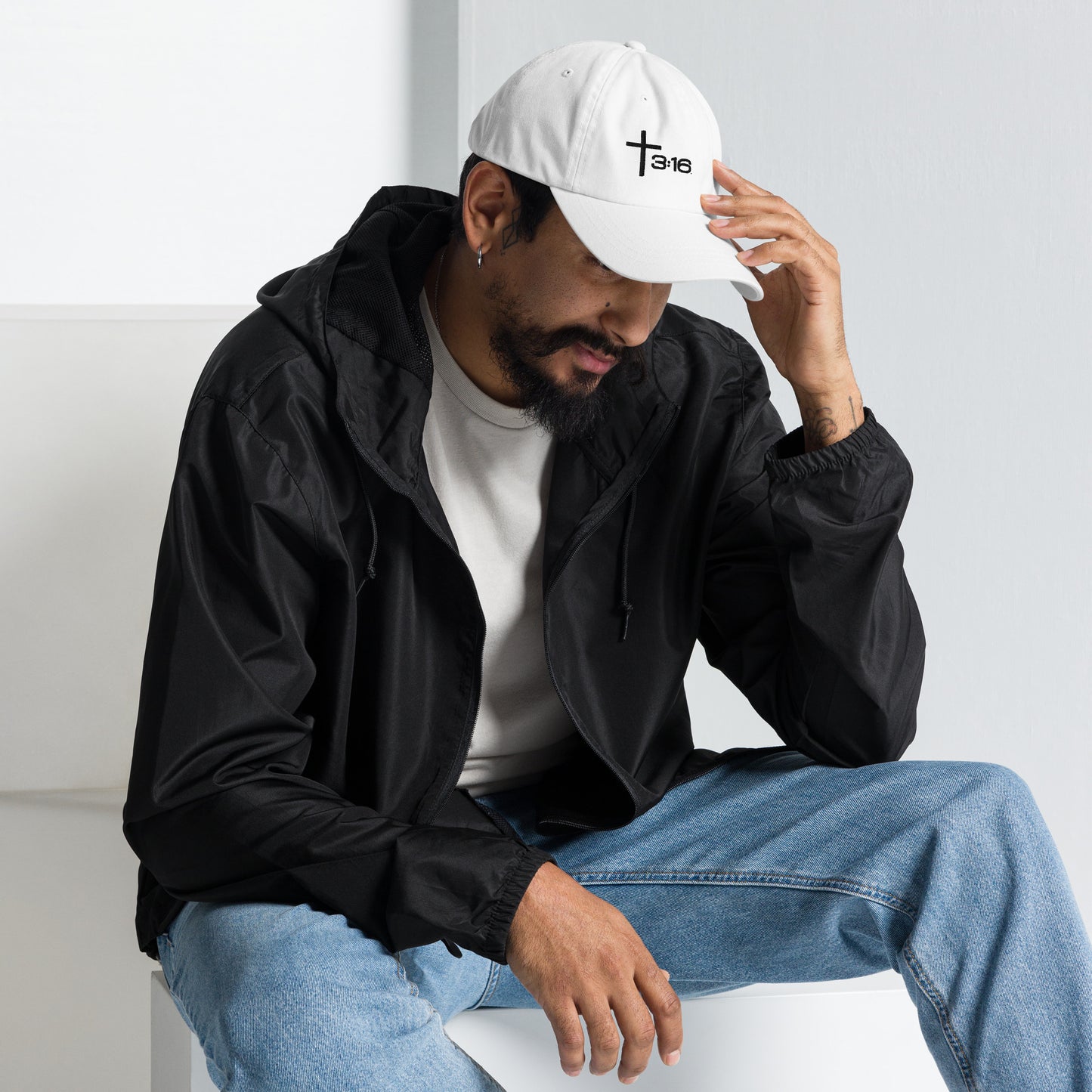 T316 Icon embroidered Christian dad hat in white— Trinity 3:16 faith apparel