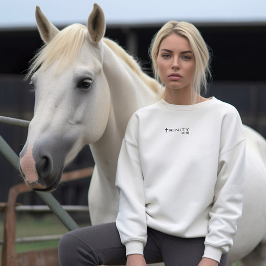 Trinity 3:16 Logo Christian womens crewneck in white— Trinity 3:16 faith apparel