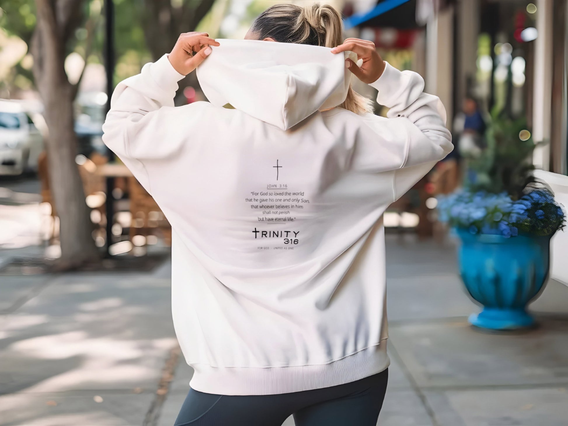 John 3:16 Christian hoodie in white— Trinity 3:16 faith apparel