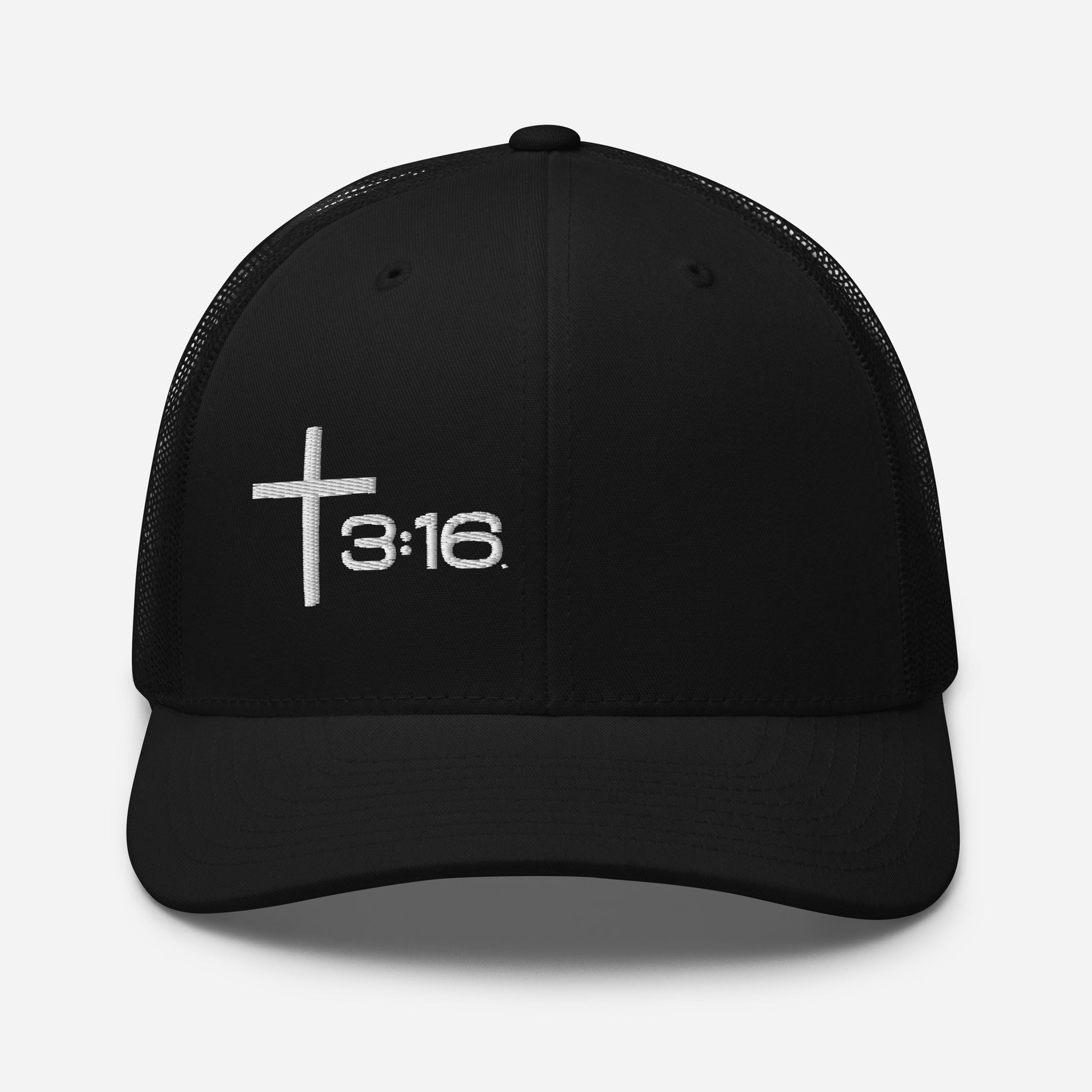 T316 Icon embroidered Christian trucker hat in black — Trinity 3:16 faith apparel