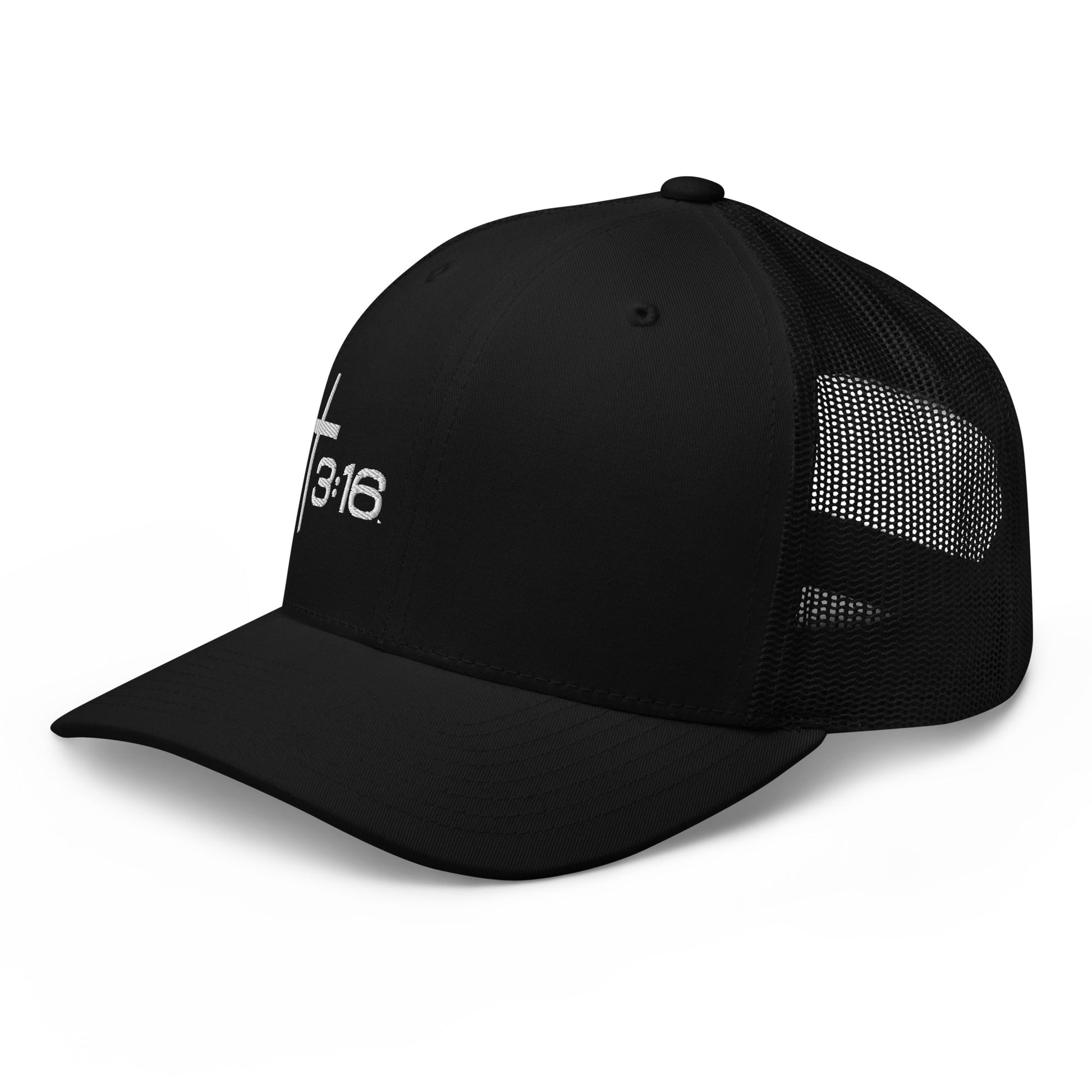 T316 Icon embroidered Christian trucker hat in black — Trinity 3:16 faith apparel