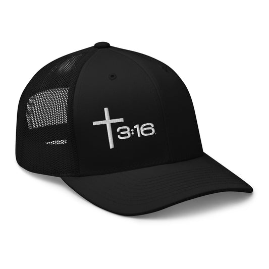 T316 Icon embroidered Christian trucker hat in black — Trinity 3:16 faith apparel