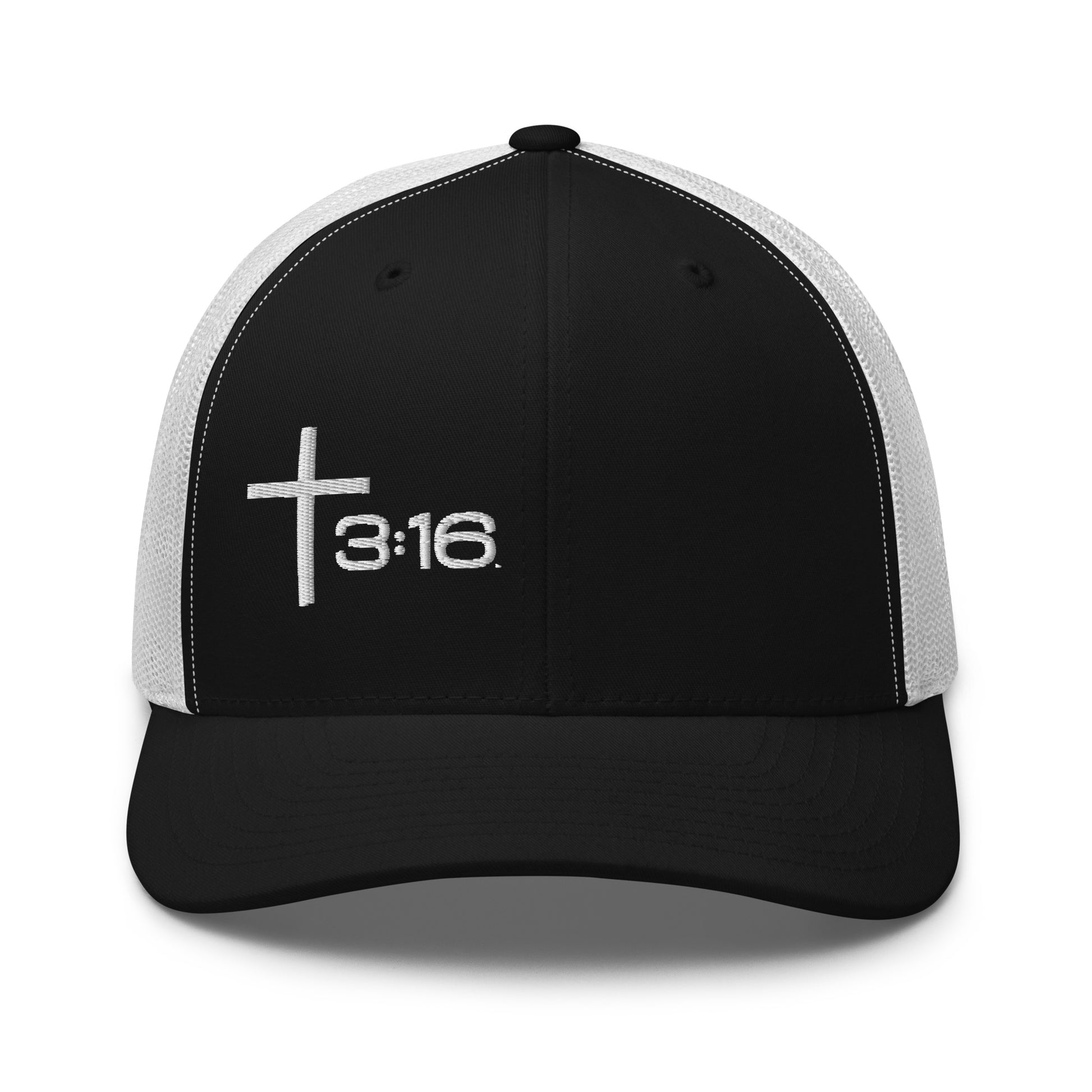 T316 Icon embroidered Christian trucker hat in black/white — Trinity 3:16 faith apparel