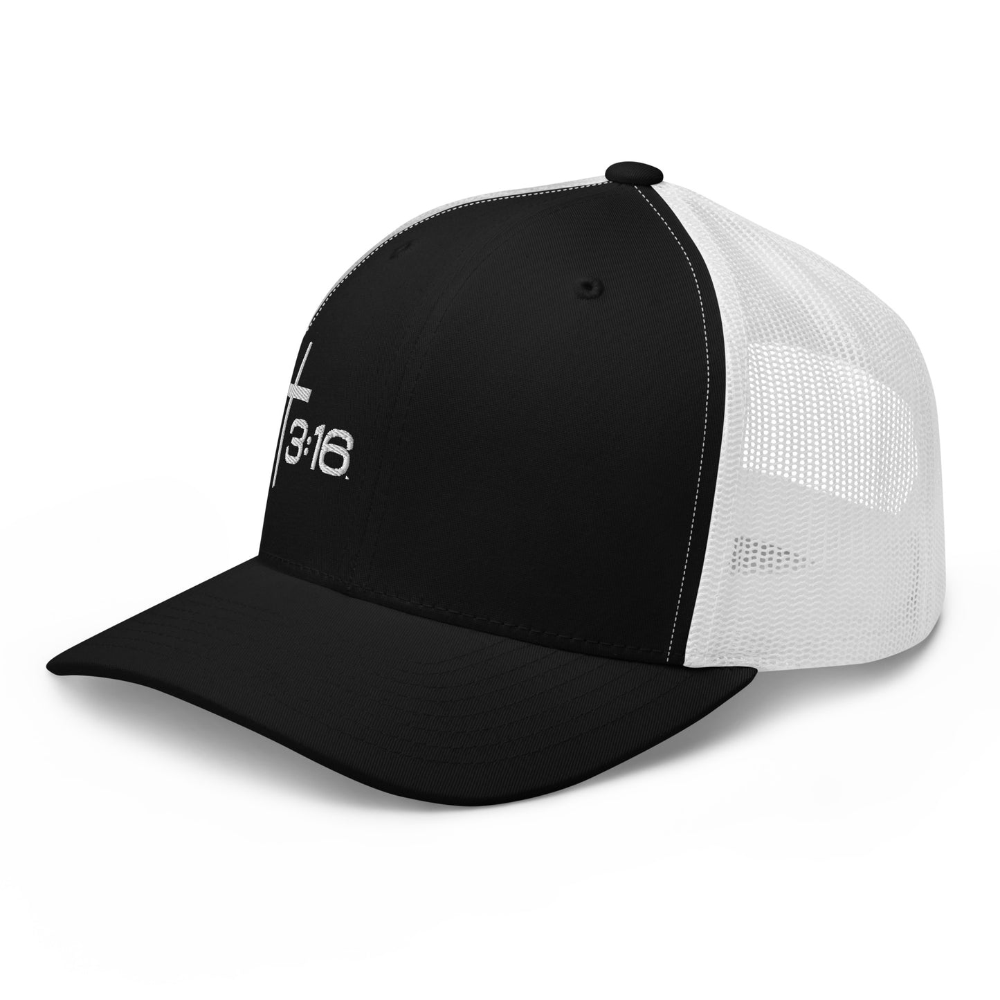 T316 Icon embroidered Christian trucker hat in black/white — Trinity 3:16 faith apparel