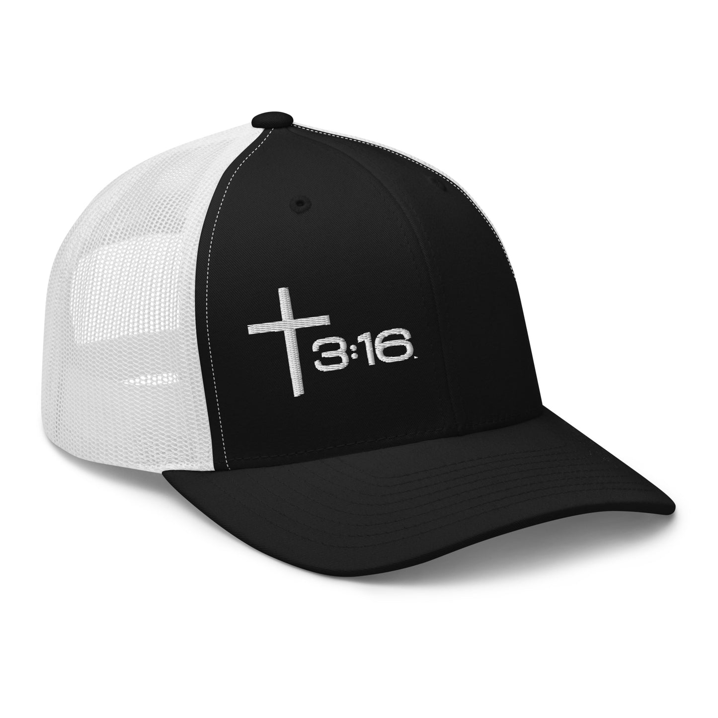 T316 Icon embroidered Christian trucker hat in black/white — Trinity 3:16 faith apparel