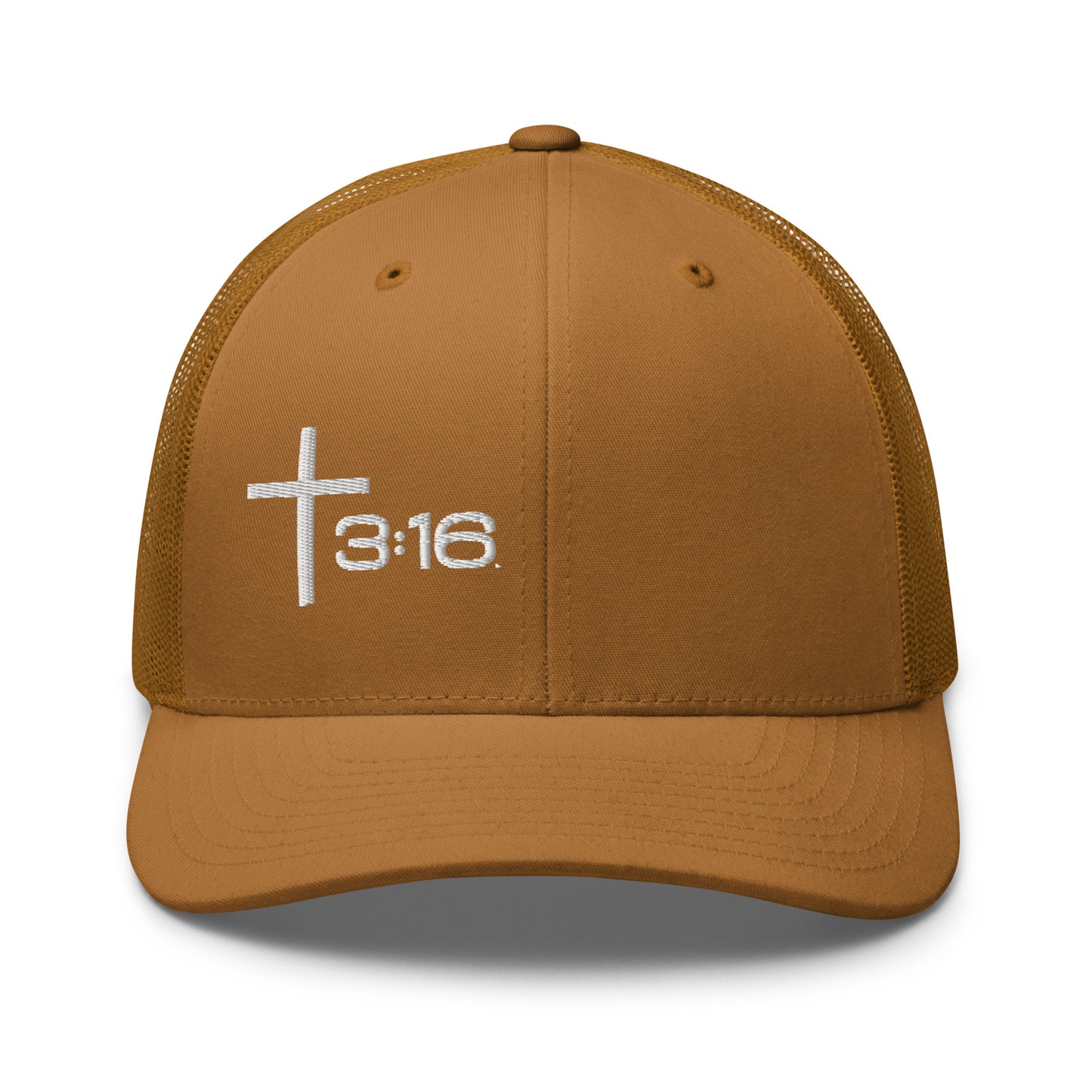 T316 Icon embroidered Christian trucker hat in caramel — Trinity 3:16 faith apparel