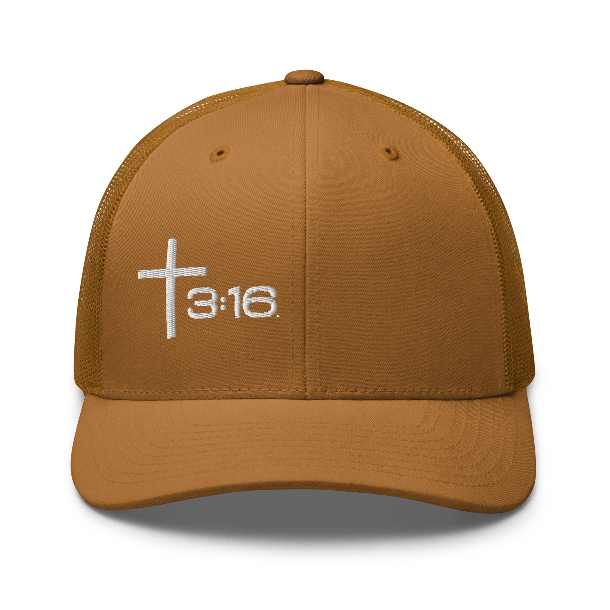 T316 Icon embroidered Christian trucker hat in caramel — Trinity 3:16 faith apparel