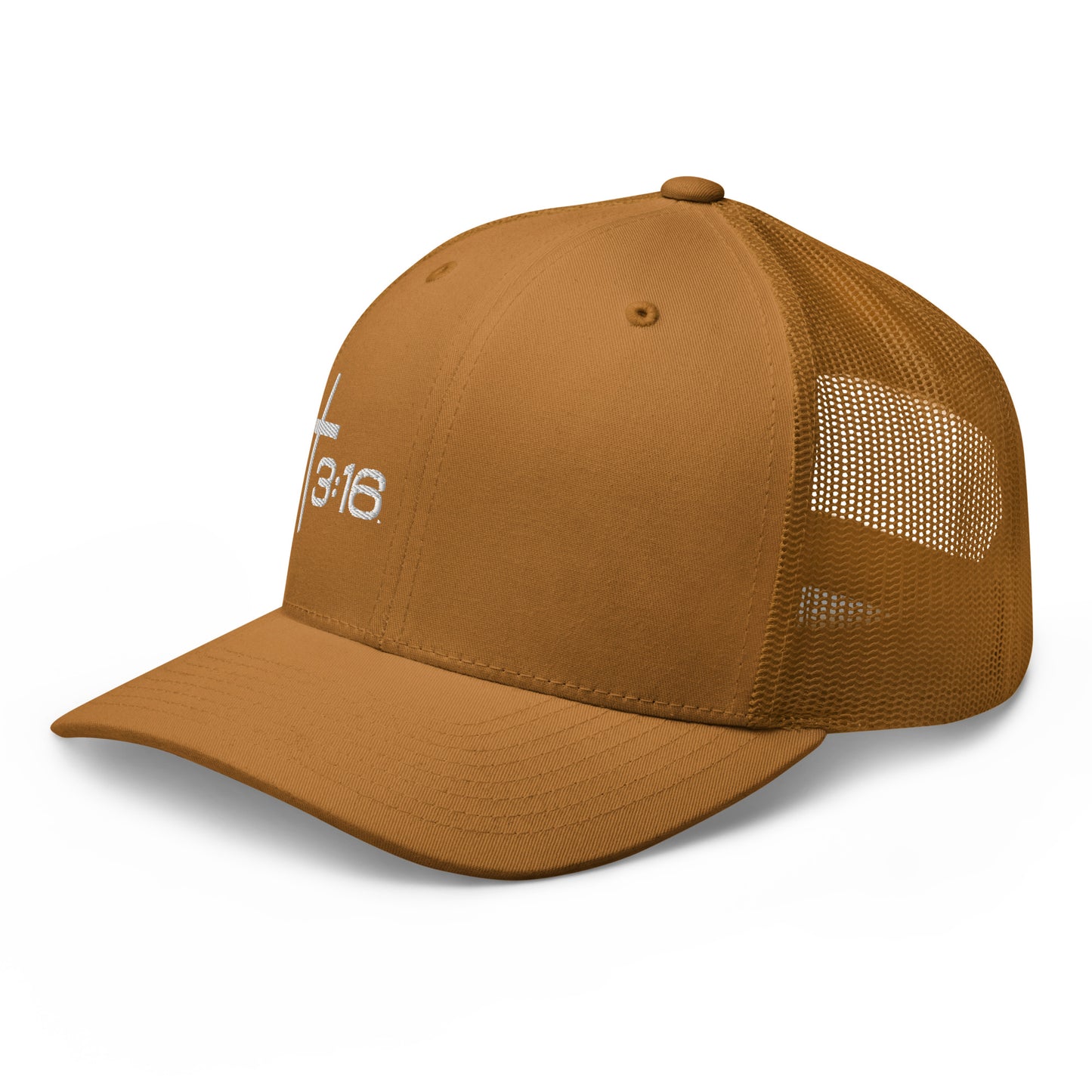 T316 Icon embroidered Christian trucker hat in caramel — Trinity 3:16 faith apparel