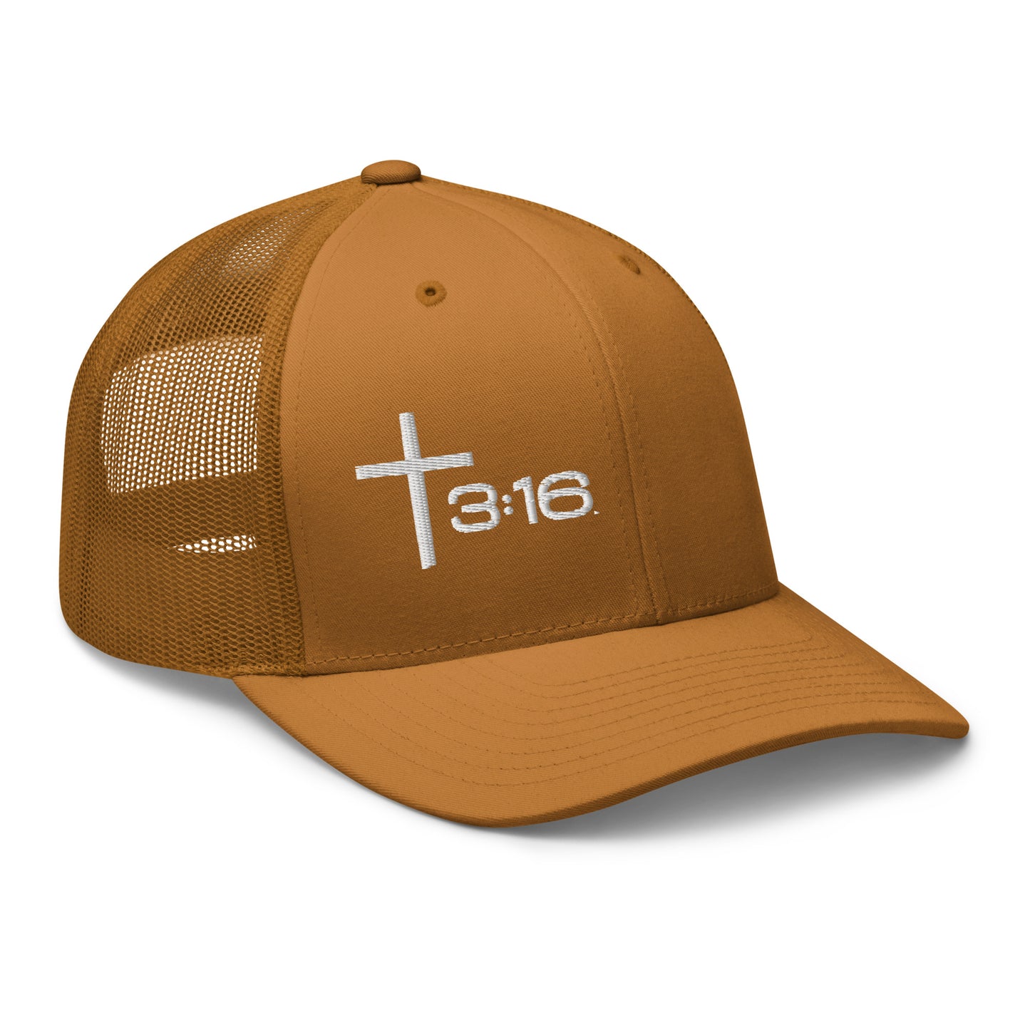 T316 Icon embroidered Christian trucker hat in caramel — Trinity 3:16 faith apparel